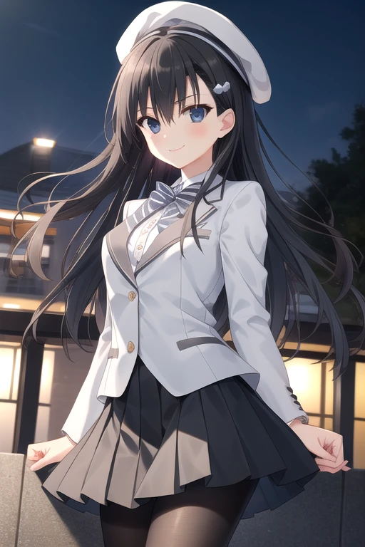 ((masterpiece)),(best quality),official art,extremely delicate and beautiful,extremely detailed CG,unity 8k wallpaper,ultra detailed,beautiful detailed eyes,extremely detailed face,outdoors,1girl,solo,cowboy shot,looking at viewer,facing viewer,smile,(petite:1.2),Akiyoshi Fuyuka,beret,grey headwear,very long hair,black hair,floating hair,hair ornament,hairclip,hairpin,sidelocks,hair between eyes,bangs,black eyes,school uniform,grey jacket,blazer,grey bowtie,striped bowtie,white shirt,collared shirt,long sleeves,medium breasts,black skirt,striped skirt,pleated skirt,frilled skirt,black pantyhose,cross-laced footwear,<lora:Akiyoshi Fuyuka(Kanojo no Seiiki):0.8>,