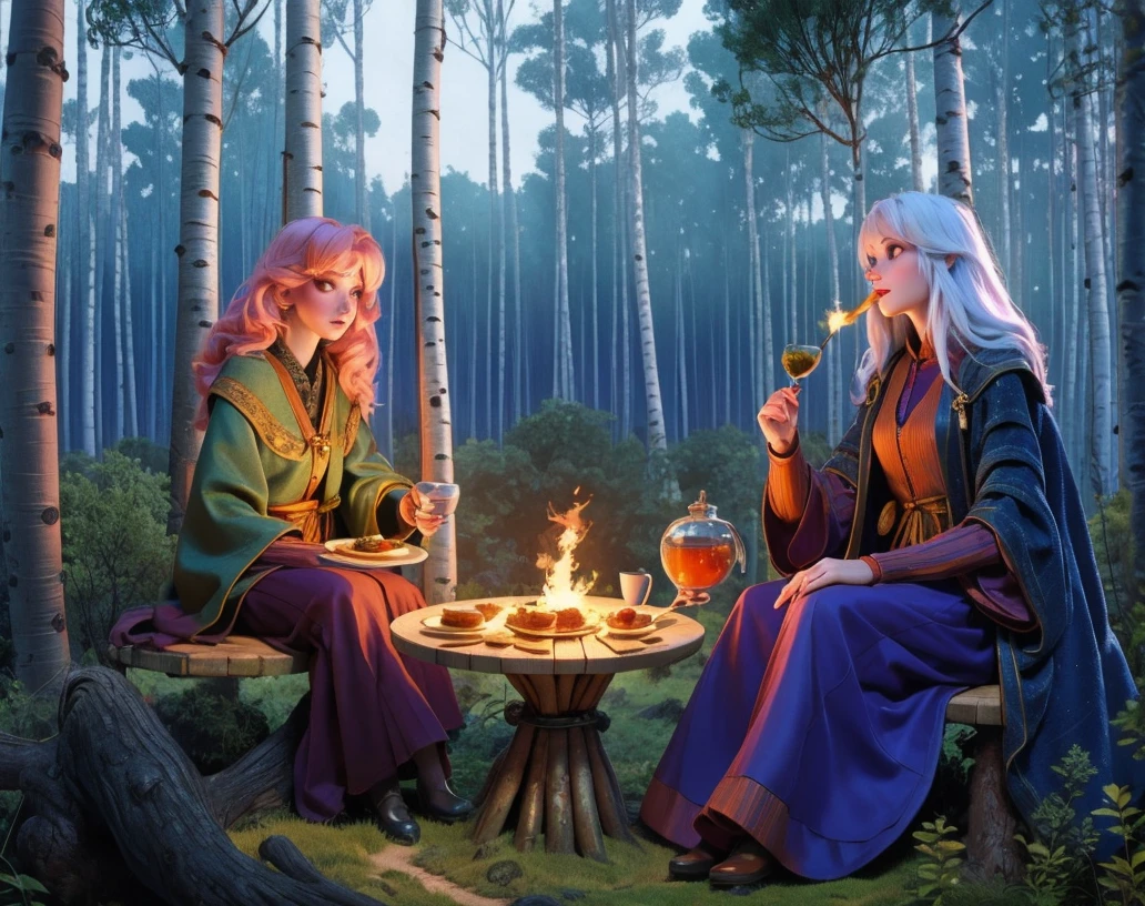 render, cg, blender, beautiful woman sitting in a birch forest, tea party, pale skin, evening, cold, drinking tea, beautiful trees, nature,  <lora:Wizardcore:0.77> , wizardcore, star theme, wizardcore scene, wizardcore fashion, wizardcore scenery, witches,