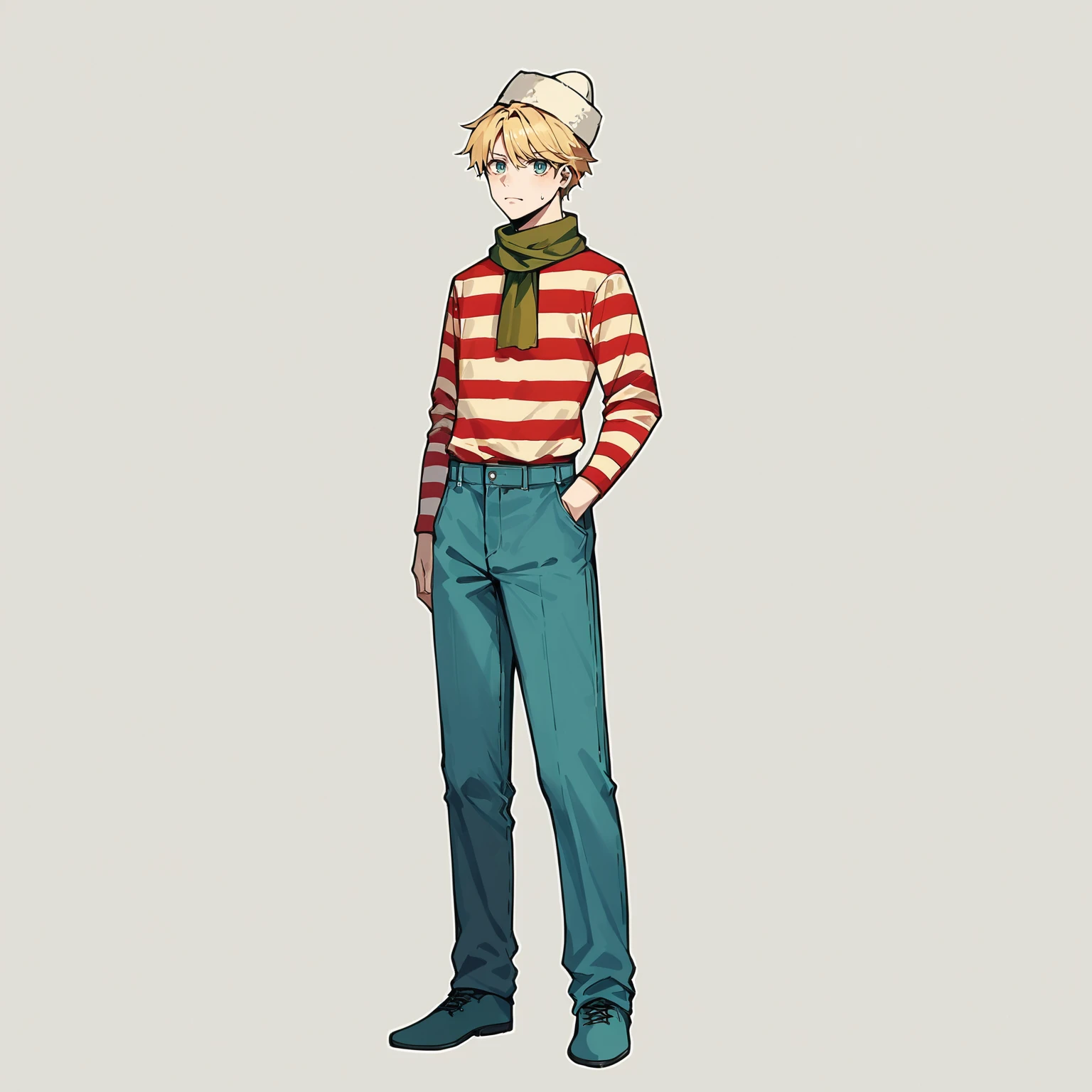 score_9, score_8_up, score_7_up, score_6_up, score_5_up, score_4_up, source_anime,  FLPJCK,, 1boy, blonde hair, striped shirt, scarf, hat, blue pants, full body, standing, white background <lora:flpjckv2-50:1>