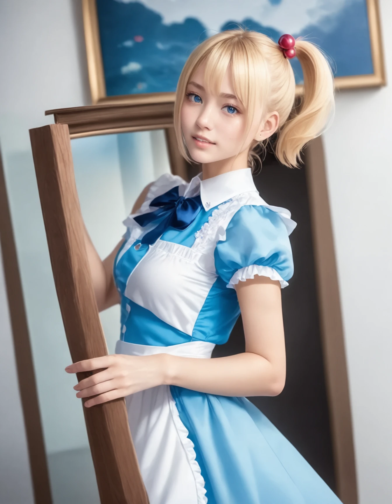 1girl, solo,
(Best quality:1.0),(masterpiece:1.0),photorealistic,
(realistic),photograph,hyperdetailed photography,raw photo,
cowboy shot,
(blonde hair:1.1), (blue eyes),
short ponytail hair,
(small breasts:1.1),
slender,
(European:1.2),
alice \(alice in wonderland\) \(cosplay\),frills,frilled apron ,thighhighs ,neck ribbon ,bow,hair bobbles ,hair ribbon,mary janes,through painting,through medium ,pocket watch ,picture frame,art museum,card ,display case ,
happy,,
(20yo:1.2)