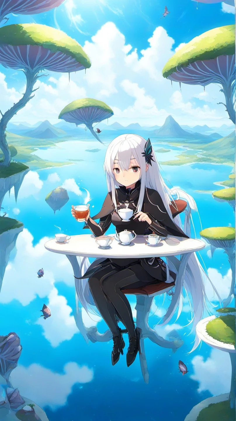 <lora:Anime Enhancer XL V2:.5> <lora:Echidna:1>1girl, echidna_rezero, , echidna_rezero in a surreal landscape with floating islands, drinking tea at a table suspended in the air