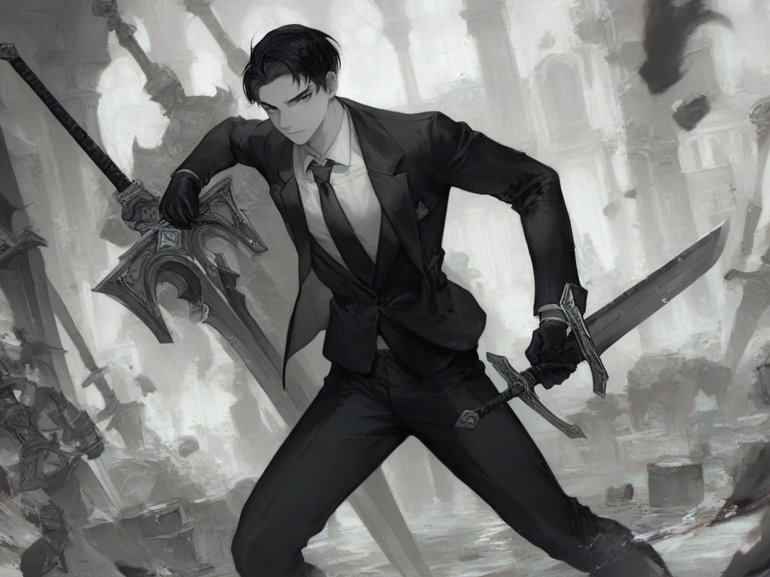 (score_9, score_8_up:1.1), score_7_up, masterpiece, <lora:Roland_Library_Of_Ruina:1>, RolandLOR, short hair, black hair, gloves, 1boy, holding, jacket, monochrome, weapon, greyscale, male focus, necktie, pants, sword, holding weapon, holding sword, formal, suit, dual wielding, solo