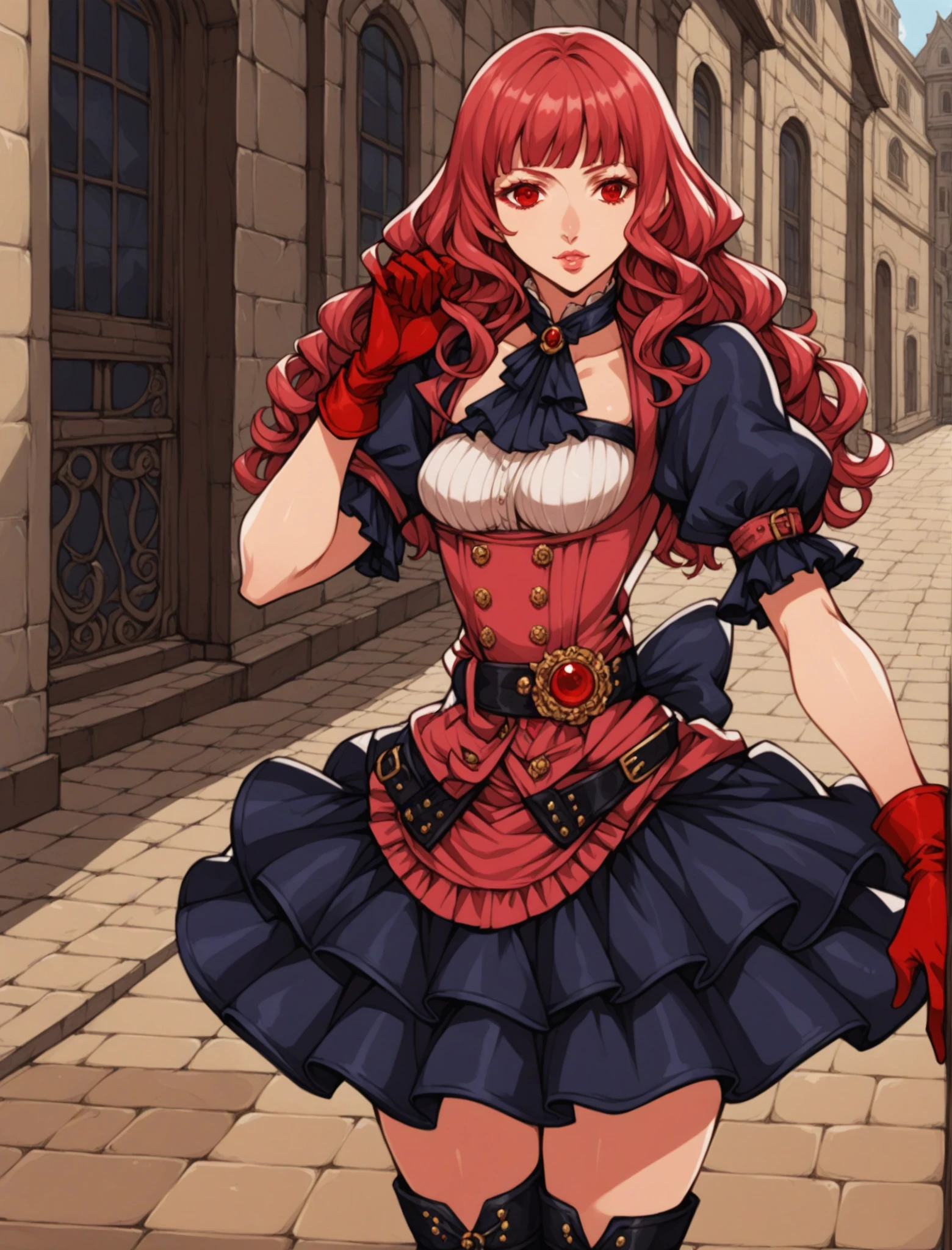 , long_hair, red_eyes, red_gloves, red_hair, skirt, solo,thigh_boots, thighhighs, gloves,long_hair,pink purple red_hair,solo,red hand gloves,lips, red eyes, medium breasts,belt, buckle,red cheeks, Dignified, elegance,lips, hime cut,wavy hair,tsurime,slant eyes,
, Victorian, modern European,,outdoors, 
,score_anime,,score_9, score_8_up, ,8k, <lora:XLCH_cherlyn_granado_espada_v1-000008:0.75>