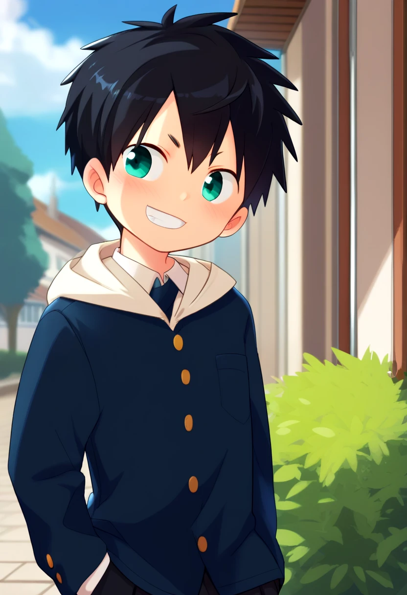 score_9, score_8_up, score_7_up, detailed eyes, village, BREAK
looking to the side, standing, head tilted,
<lora:cutifiedanimecharacterdesign_variant_type_F_PonyXL_v10:1> 1boy, type-f, black  hair,   teal eyes,   petite, young, solo, black school uniform,   aged down,
grin