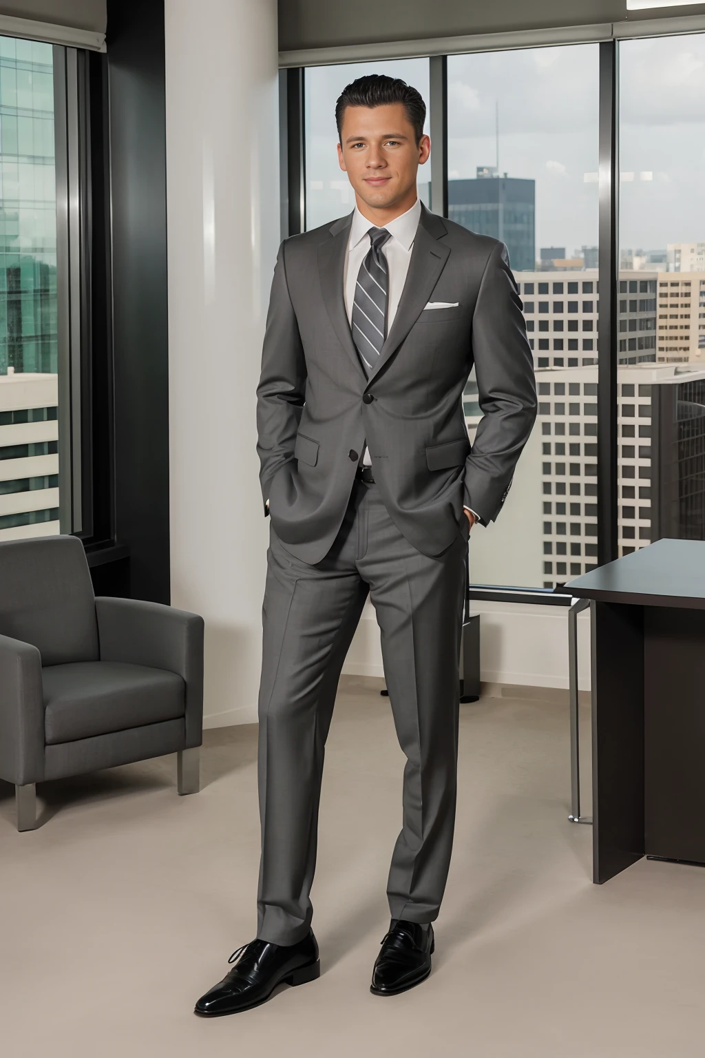 high rise business office building, corner office, suave and confident, slight smile, BarrettLong wearing a business suit, charcoal gray jacket, charcoal gray trousers, white dress shirt, green and silver tie, black socks, black dress shoes, (((full body portrait))), wide angle  <lora:BarrettLong:0.8>