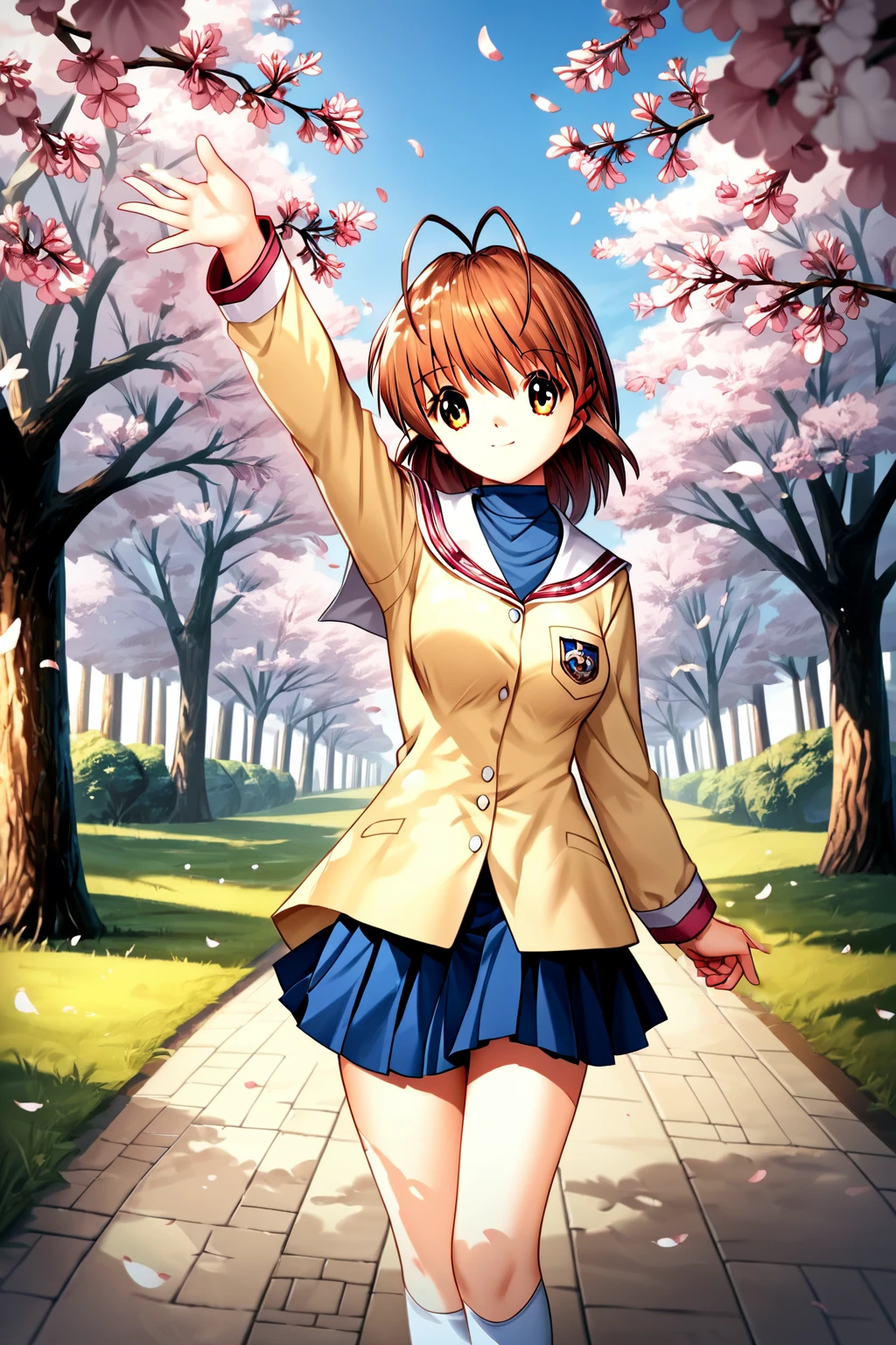 score_9, score_8_up, score_7_up, score_6_up, rating_safe, source_anime, best quality, masterpiece, detailed background, detailed eyes, path, cherry blossom trees, cowboy shot, standing, (dutch angle), <lora:furukawa-nagisa-xl-05:1>, furukawa nagisa, school uniform with blue turtleneck, blue skirt, white socks, double ahoge, medium breasts, smile, arm outstretched,