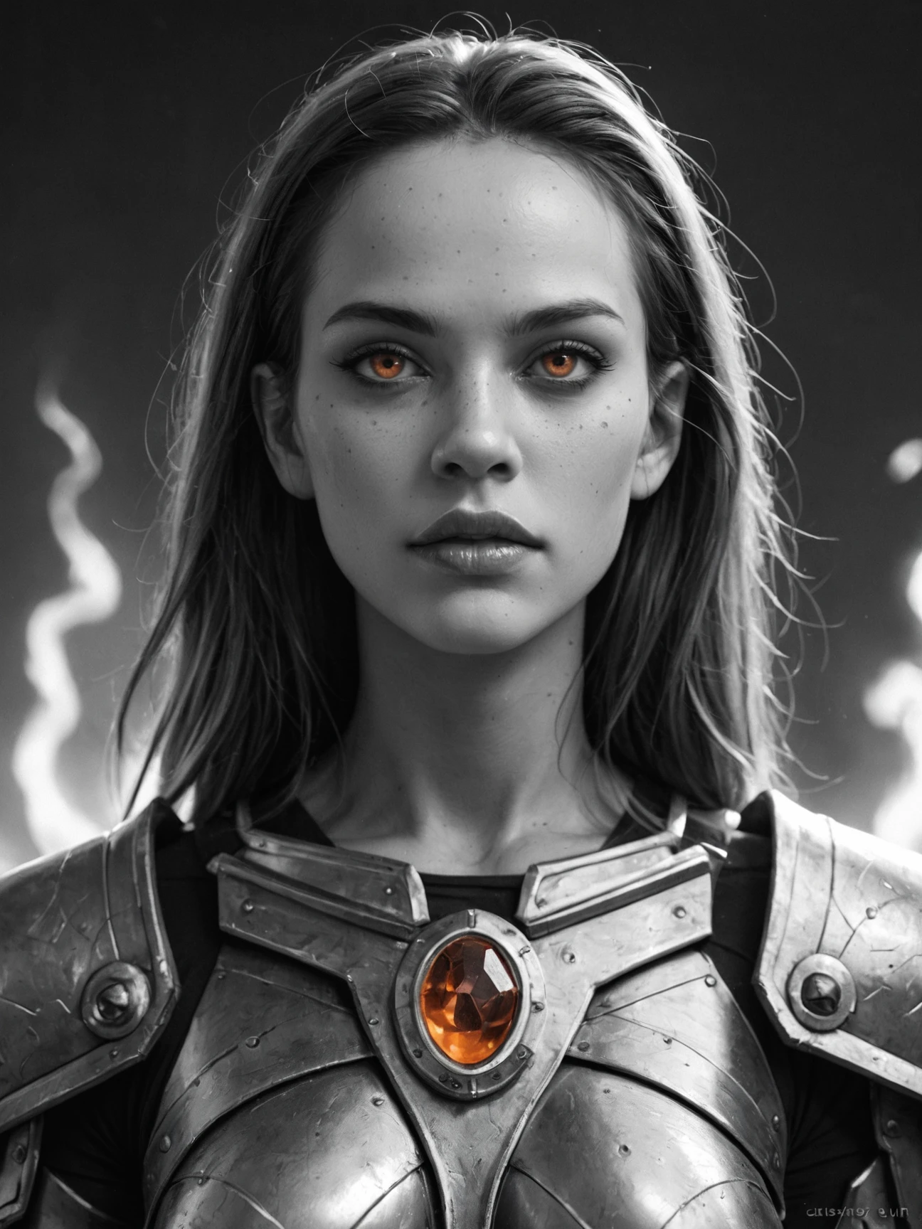 Alien, female, warrior, armored, metallic, fiery, red, hair, intense, eyes, orange, gem, forehead, freckles, dark, background, ethereal, mysterious, fierce  <lora:Mono_Photo_V1b_m7:1> monochrome, greyscale, score_9, score_8_up,score_7_up, score_6_up, score_5_up, score_4_up,  realistic