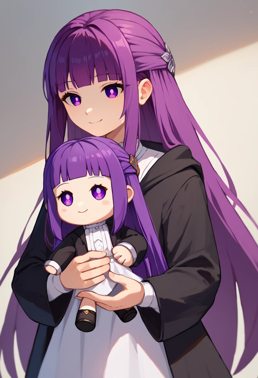 score_9_up score_8_up score_7_up, 1girl, holding character doll, light smile
BREAK
FernBase, purple eyes, purple hair, long hair, half updo, hair ornament, white dress, collared dress, black robe
<lora:holding_fufu_pony_d16:1>
<lora:others_CHAR-FernPonyXL:0.9>