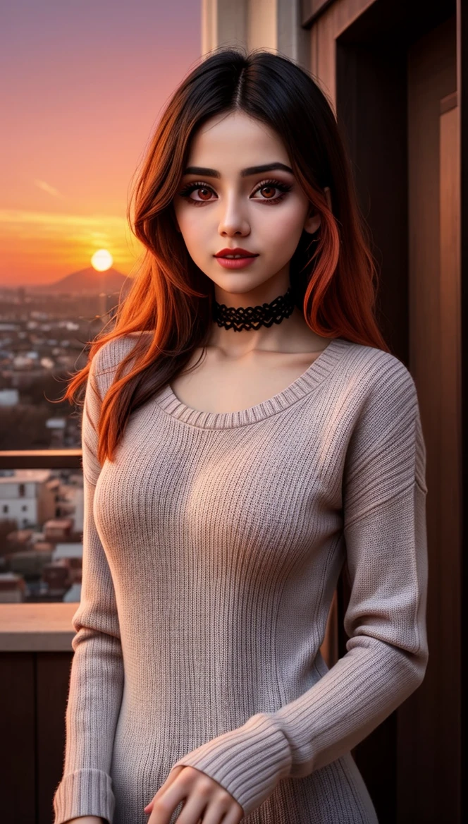 ung cute iranian girl, very slim, skinny, redhead, rouge, red neck lace choker, cateyes makeup, colorful, oversize knit jumper, softcore, warm lighting, cosy atmosphere, Instagram style, red theme, upper body shot,(cinematic, black and red:0.85), (sunset beautiful background:1.3), sharp, dim colors