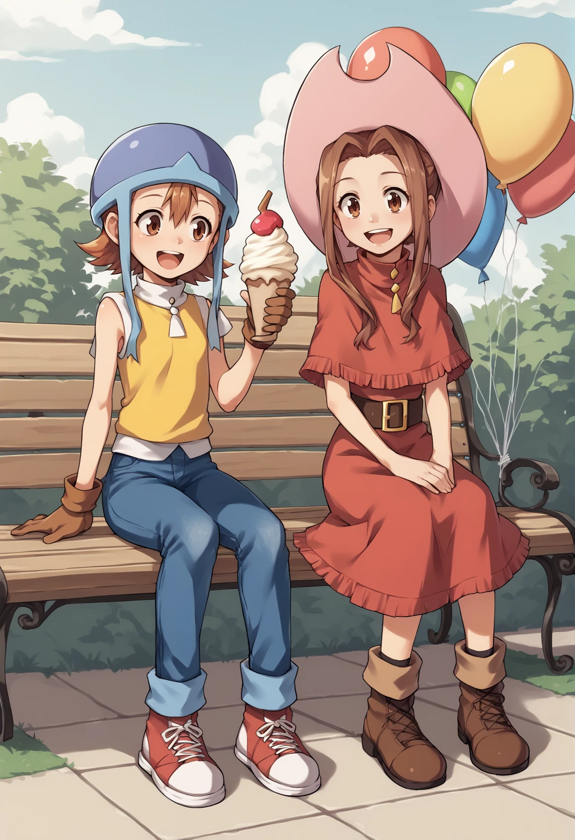 2girls, mimi, long hair, sidelocks, ponytail, brown eyes, red dress, capelet, brown gloves, belt, skirt, cowboy hat, sora, short hair, brown eyes, helmet, blue headwear, yellow t-shirt, sleeveless, high collar, red gloves, jeans, sneakers, boots, sitting, bench, balloon, icecream, smile, talking, open mouth, outdoors, park <lora:MimiSora:1>, score_9, score_8_up, score_7_up, score_6_up, score_5_up, score_4_up, BREAK source_anime, masterpiece