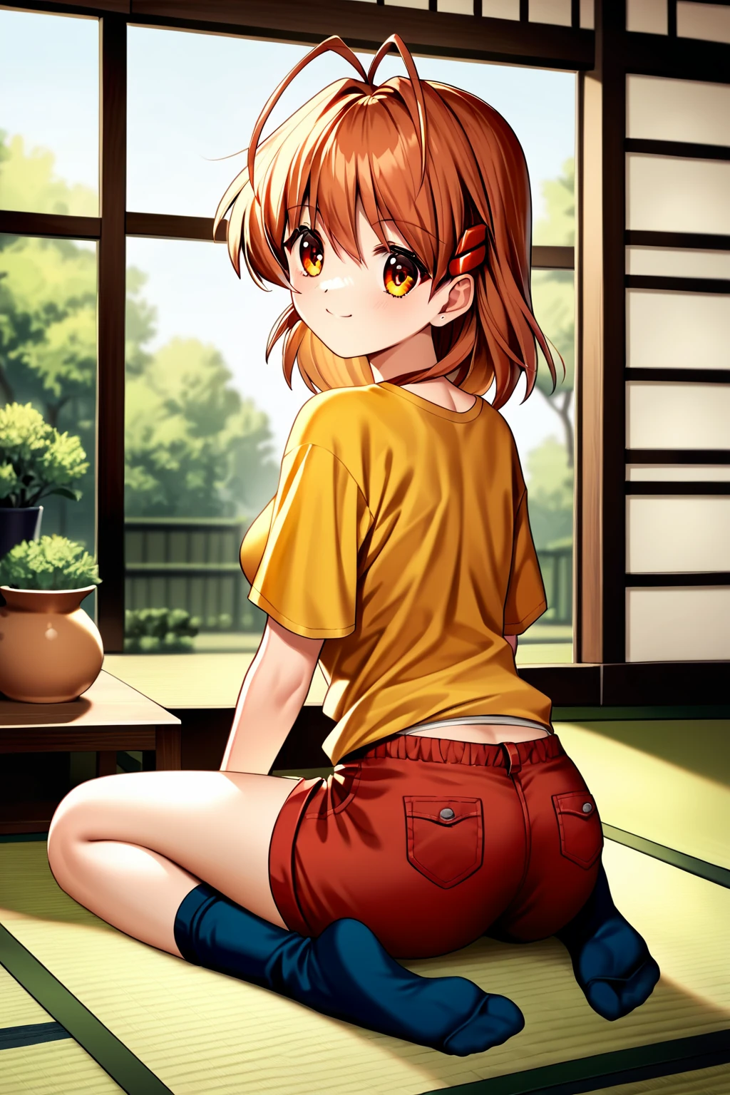 score_9, score_8_up, score_7_up, score_6_up, rating_safe, source_anime, best quality, masterpiece, detailed background, detailed eyes, tatami mat, table, tv, sitting, from behind, looking back, yellow cardigan, black t-shirt, red shorts, blue socks, <lora:furukawa-nagisa-xl-05:1>, furukawa nagisa, double ahoge, medium breasts, smile,