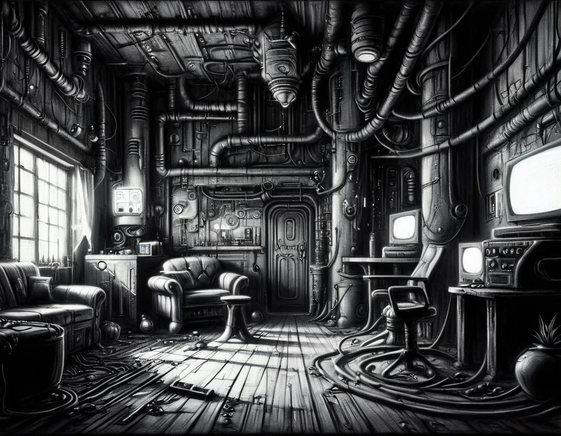 Charcoal drawing of a cyberpunk style, inside of a rundown cyberpunk house, neon lights, computers<lora:Charcoal3.0-000030 Master:1>