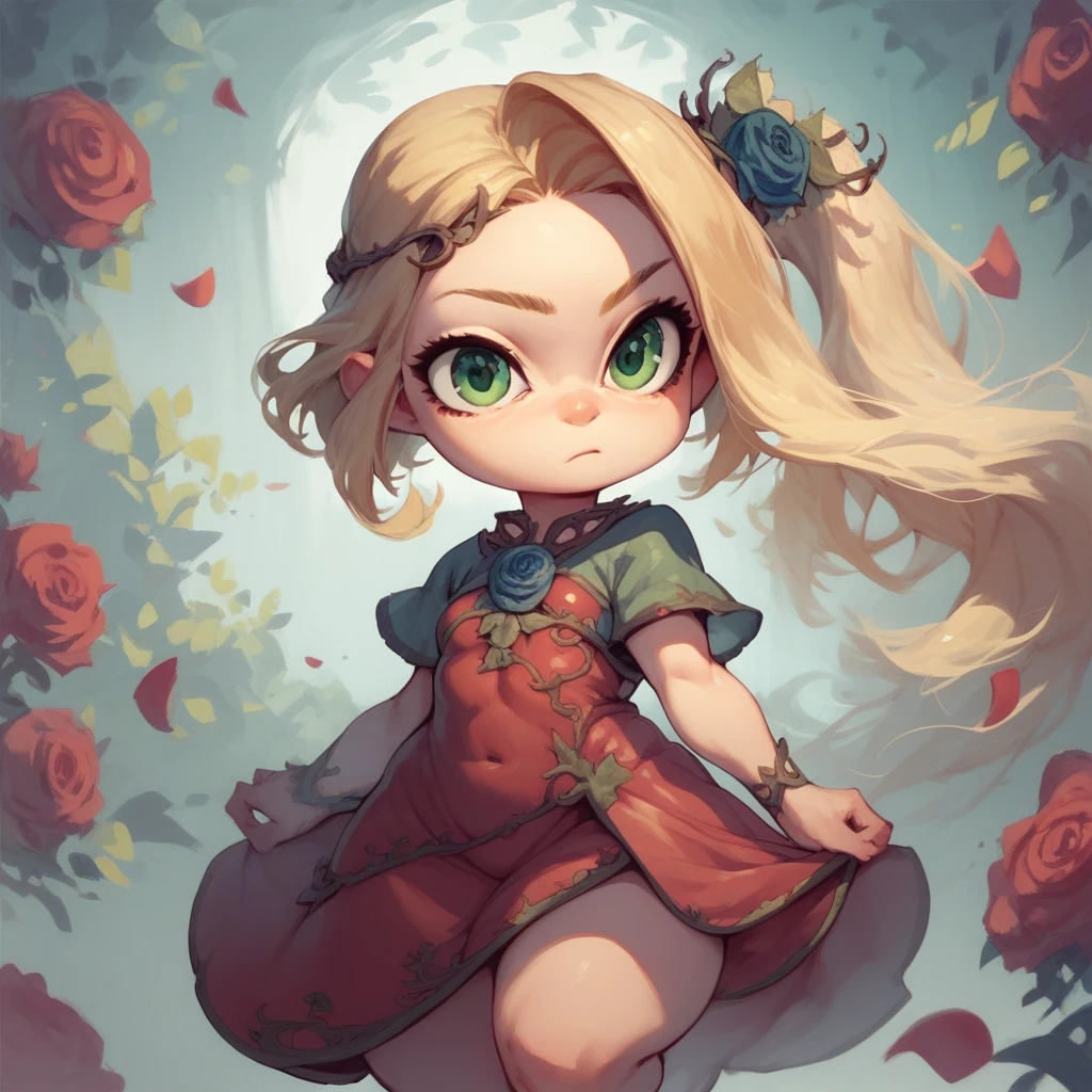 score_9, score_8_up, score_7_up, 1girl, blonde, side ponytail, small breast, green eyes, hair flower, rose, dress, shortstack,