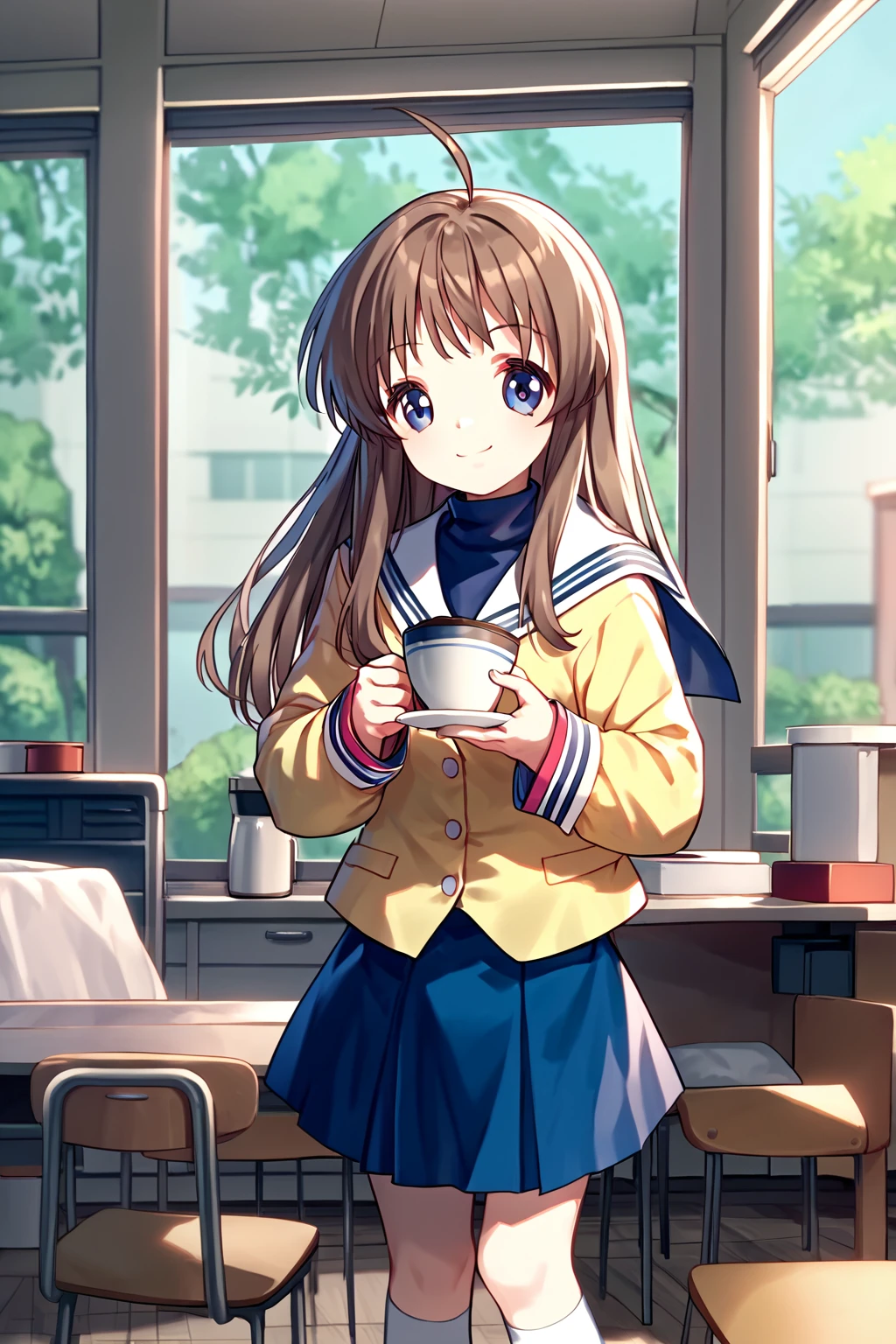 score_9, score_8_up, score_7_up, score_6_up, rating_safe, source_anime, solo, school room, <lora:miyazawa-yukine-xl-07:1>, miyazawa yukine, clannad uniform, yellow blazer, blue short skirt, blue turtleneck, white sailor collar, white socks, ahoge, smile, holding a cup of tea, brown hair
