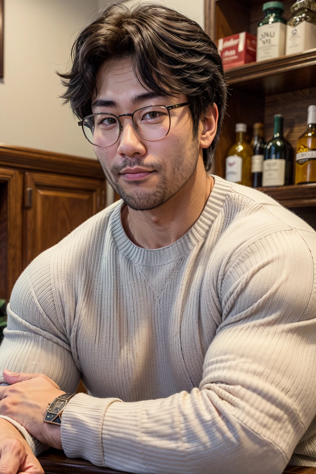 justinsaiyann, sweater, muscular, bar, winter, glasses, stubble, beard, asian, soft smile, tattoo<lora:EMS-93-EMS:1.000000>, <lora:EMS-283192-EMS:0.800000>