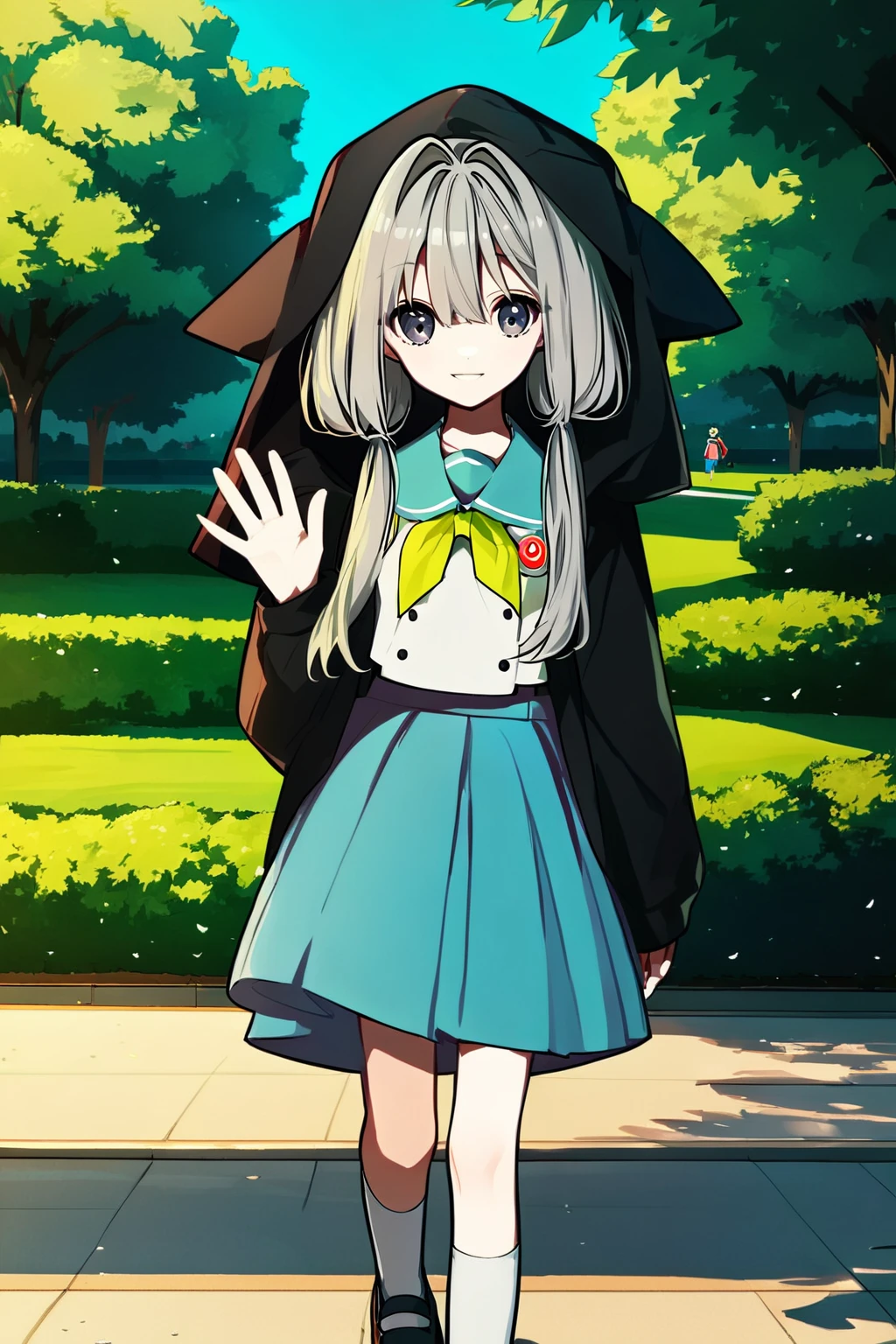 score_9, score_8_up, score_7_up, score_6_up, rating_safe, source_anime, best quality, masterpiece, detailed background, detailed background, detailed eyes, outdoors, sunny, park, 2.5d, (waving), (walking), <lora:mia-xl-05:1>, loopers mia, black fox hood, sailor uniform, long blue skirt, smile, small breasts, pigtails, grey hair, white socks,