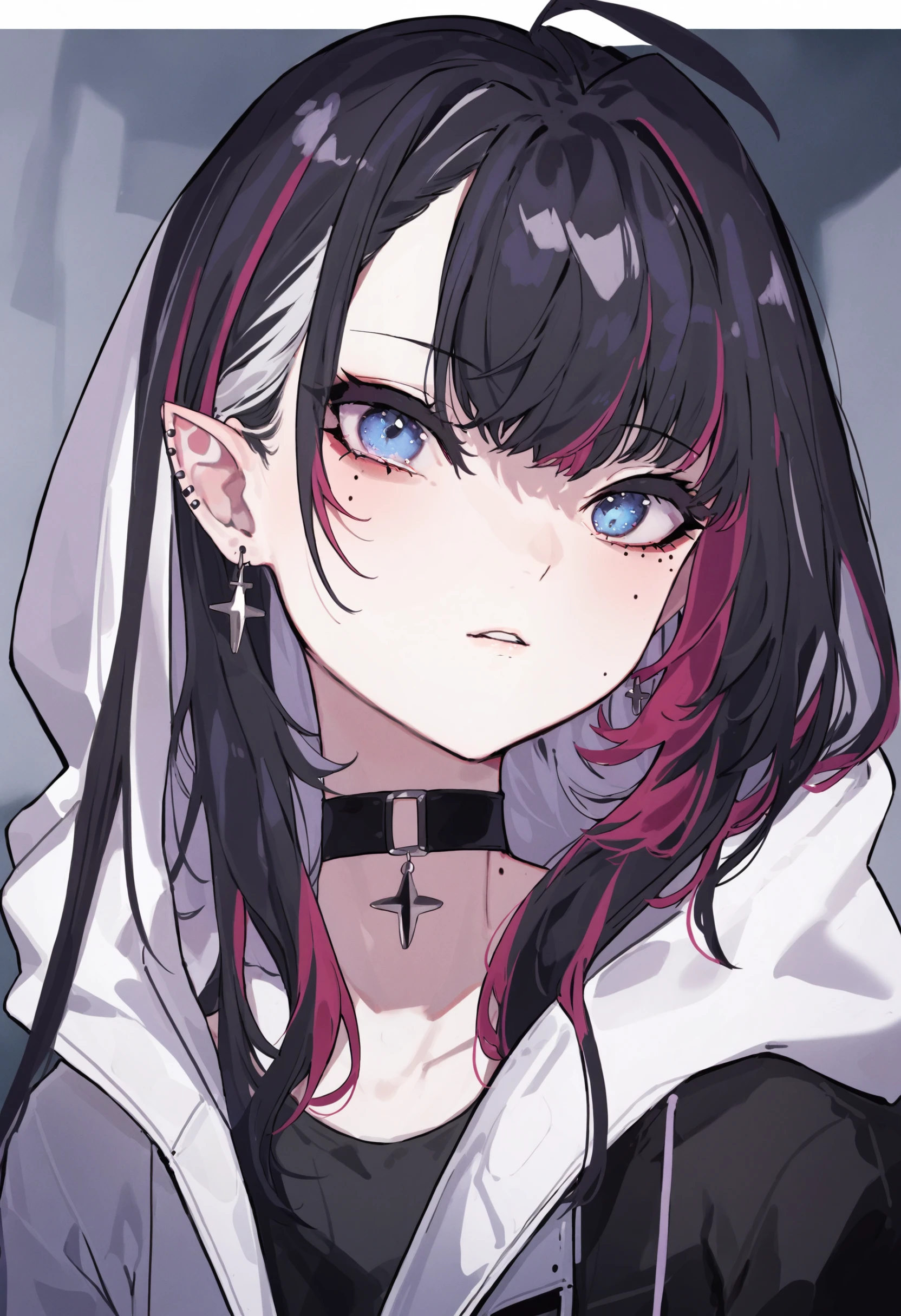 1girl,
solo, blue eyes, parted lips, choker, red hair, portrait, piercing, jacket, mole under eye, jewelry, earrings, mole, black jacket, ear piercing, black hair, black choker, bangs, looking to the side, floating hair, streaked hair, two-tone hair, cross, cross earrings, mole on neck, pointy ears, animification, white hood, mole on shoulder, blush, colored inner hair, hood, multiple moles, multicolored hair, hood down,
masterpiece, best quality
<lora:menouXLlokr8f-000186:0.95>