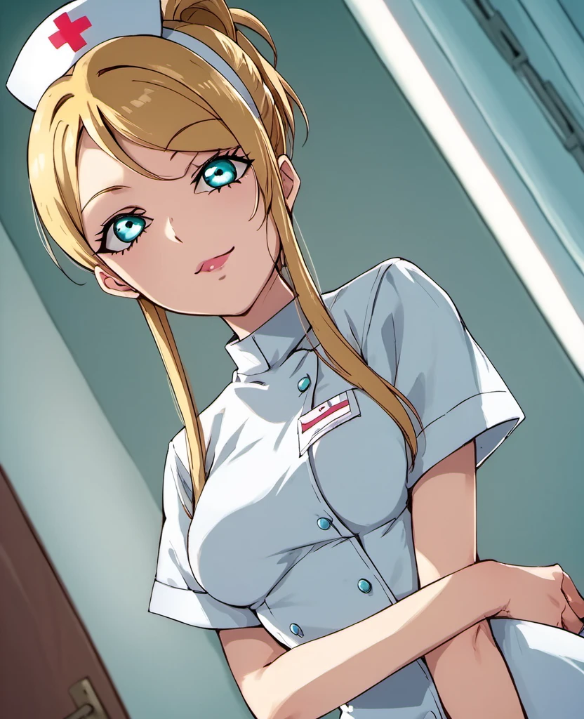 1girl, colombine, karakuri circus, 1girl, blonde hair, hairband, sidelocks, aqua eyes,
love live, dutch angle, latex nurse, arms_behind_head, naughty face,
source_anime, score_9, score_8_up, score_7_up, score_6_up, <lora:Colombine-XLPony_v001:1>