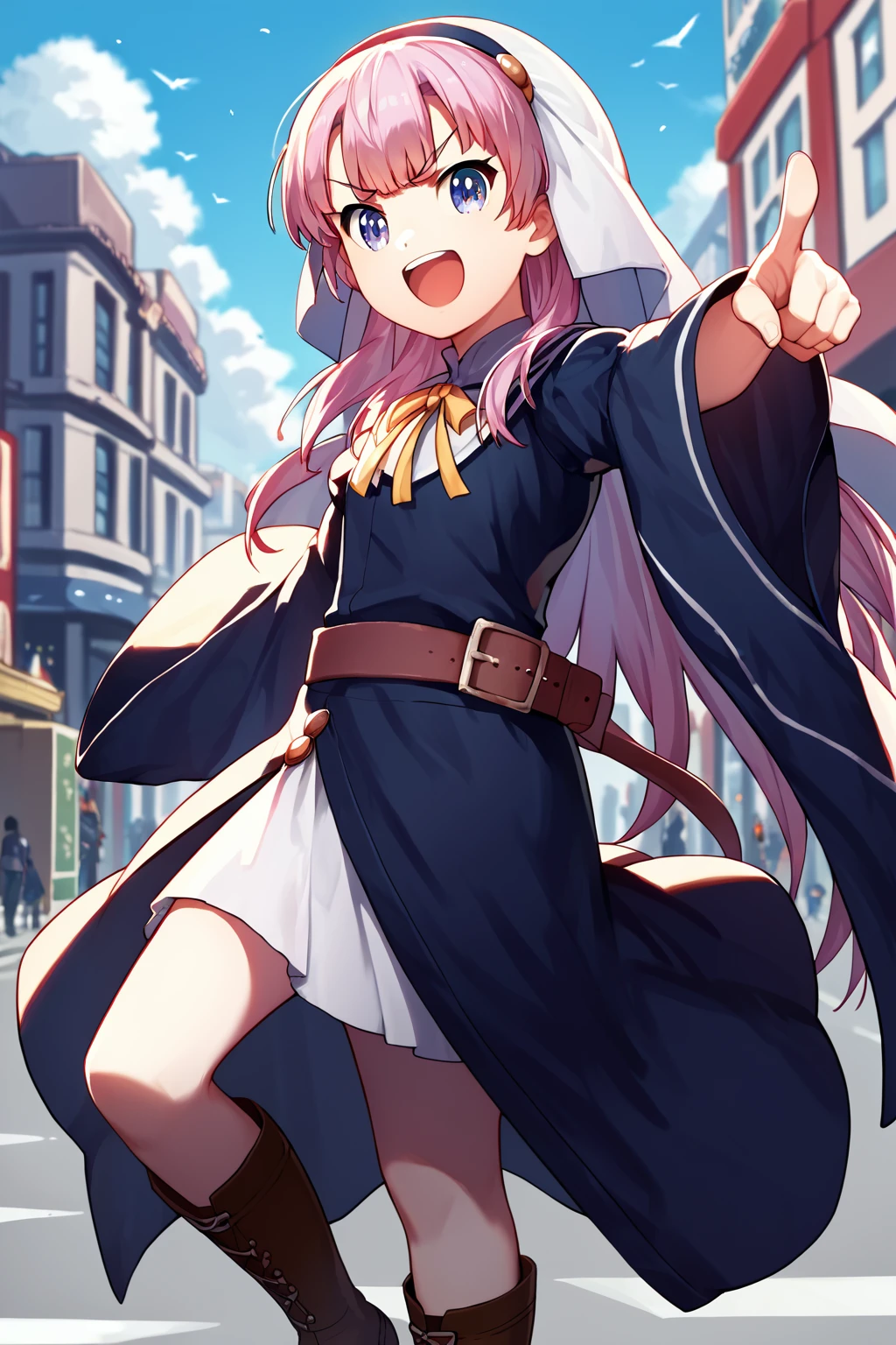 score_9, score_8_up, score_7_up, score_6_up, rating_safe, source_anime, best quality, masterpiece, detailed eyes, city, buildings, streets, <lora:satou-hina-xl-04:1.2>, satou hina, kamisama robes, white cowl, brown boots, pointing, smile, open mouth, angry eyebrows, cowboy shot, bare legs,
