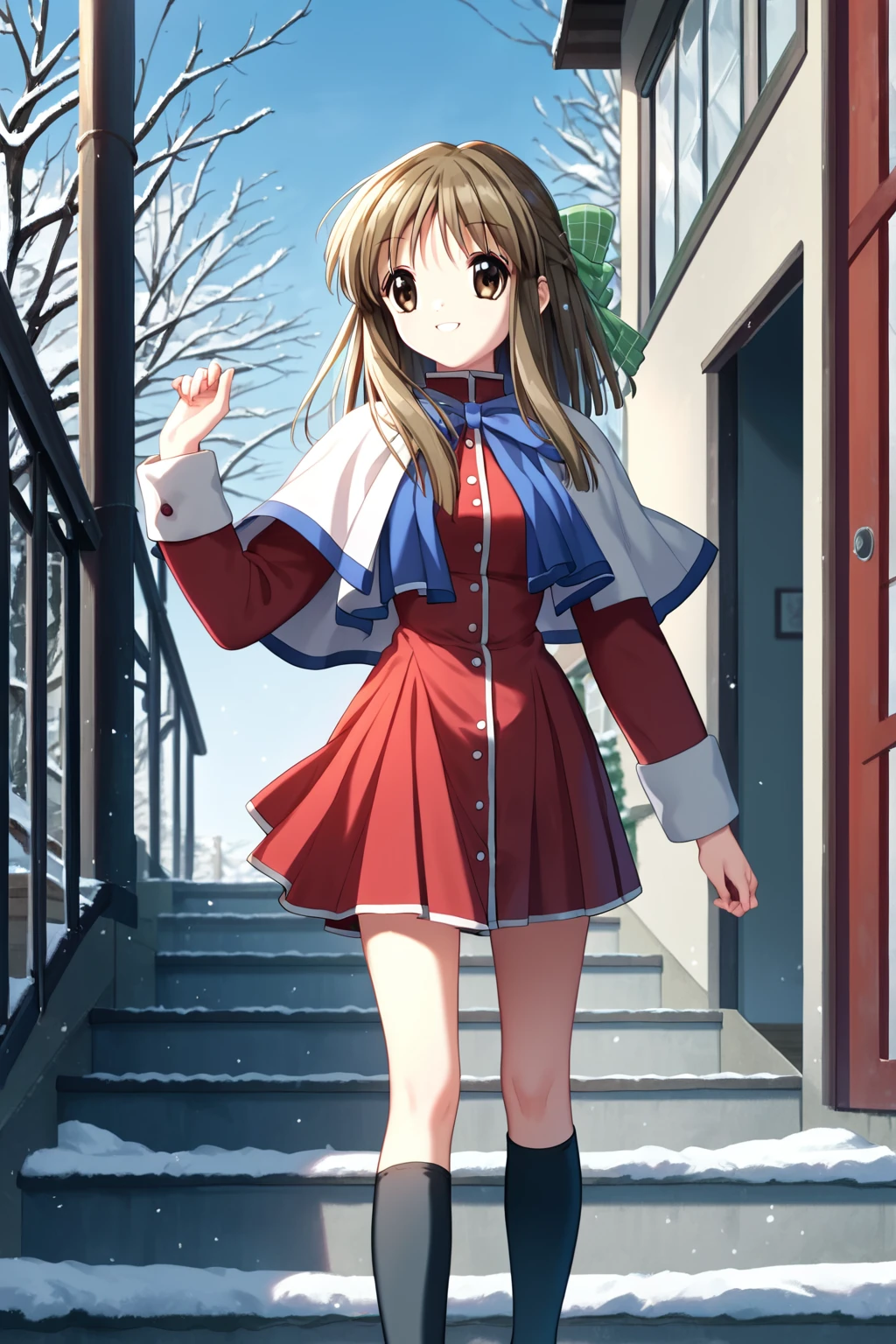 score_9, score_8_up, score_7_up, score_6_up, rating_safe, source_anime, best quality, masterpiece, detailed background, detailed eyes, school courtyard, snow, <lora:kurata-sayuri-xl-02:1.2>, kurata sayuri, kanon uniform, medium breasts, smile, red uniform, white capelet, black socks, brown hair, brown eyes,