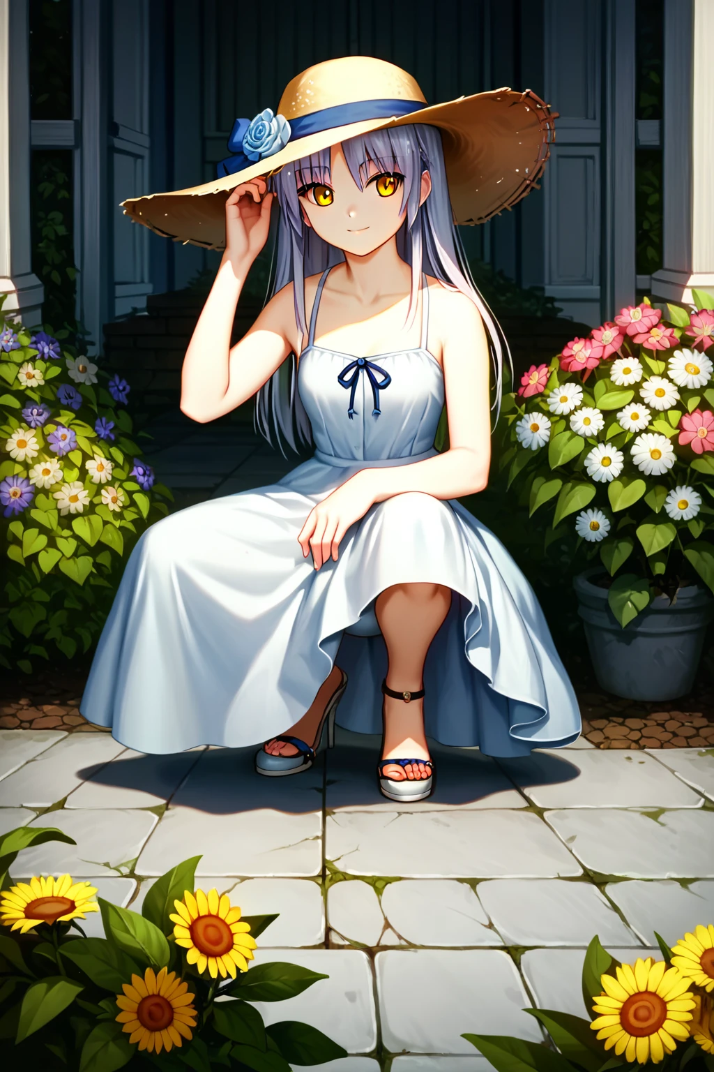 score_9, score_8_up, score_7_up, score_6_up, rating_safe, source_anime, best quality, masterpiece, detailed background, detailed eyes, (crouching), garden, flowers, sunny, <lora:tachibana-kanade-xl-05:1>, tachibana kanade, straw sunhat, white sundress, parted hair, curtained hair, yellow eyes, smile, small breasts,