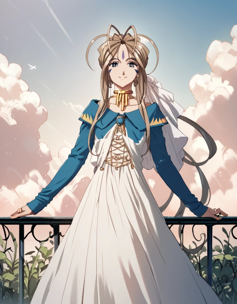 score_9, score_8_up, score_7_up, score_6_up, score_5_up, score_4_up, source_anime,  Belldandy, looking at viewer, smile, long sleeves, dress, ribbon, jewelry, earrings, outdoors, sky, choker, day, cloud, makeup, ring, railing,