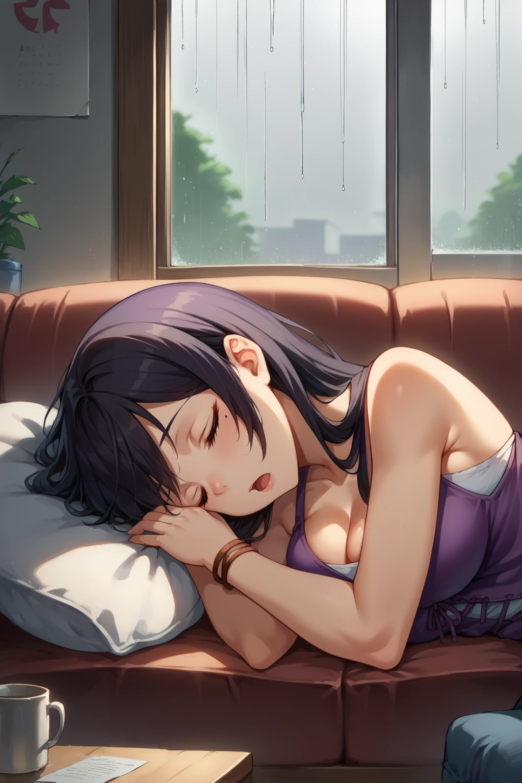 score_9, score_8_up, score_7_up, source_anime, closed eyes, open mouth, ntsmsg, mole under eye, large breasts, purple eyes, black hair, long hair, purple cross-laced vest, grey undershirt, midriff, sleeveless, cleavage, denim shorts, bracelet, single off shoulder, lying, on side, sleeping, indoors, couch, pillow, window, overcast, rain, <lora:Hoseki_WWY_NatsumiSuga_PDXL_v1:1>