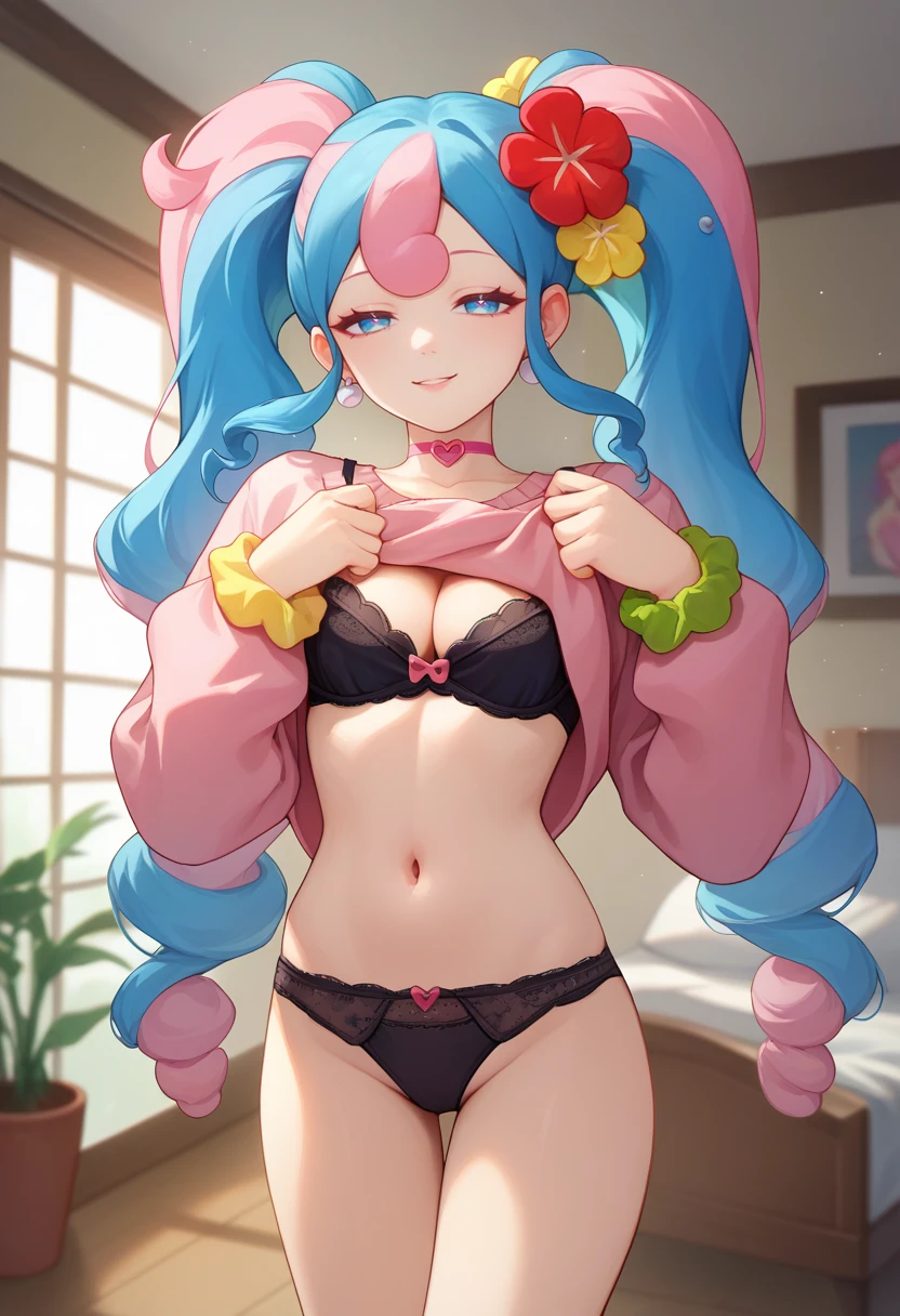 score_9, score_8_up, score_7_up, solo, 1girl, fairymiku, seductive smile, looking at viewer, sweater lift, curly hair, twintails, hair flower, red flower, yellow flower, blue eyes, half-closed eyes, pink sweater, black bra, long sleeves, black panties, earrings, pink choker, heart choker, wrist scrunchie, cleavage, indoors, bedroom <lora:projectvoltage_fairymiku_ponyXL:1>