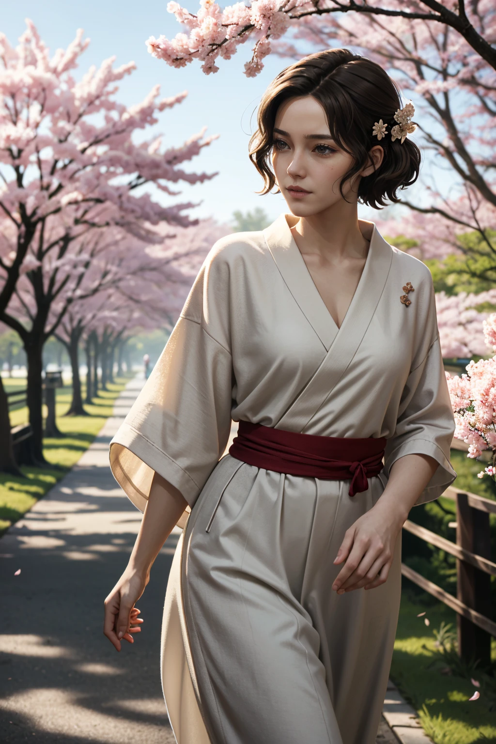 ((ultra detailed, masterpiece, absurdres))
<lora:THLilianne:0.7>
THLilianne, 1girl, brown hair, walking in a serene Japanese park with cherry blossoms, yukata, and a hair ornament