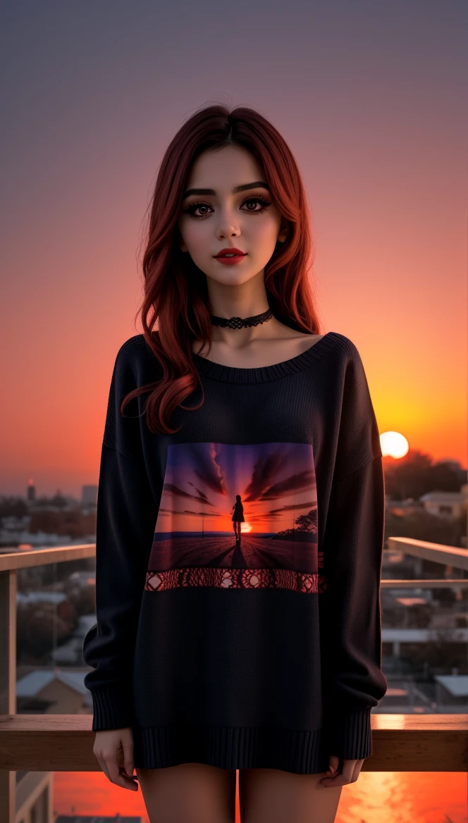 ung cute iranian girl, very slim, skinny, redhead, rouge, red neck lace choker, cateyes makeup, colorful, oversize knit jumper, softcore, warm lighting, cosy atmosphere, Instagram style, red theme, upper body shot,(cinematic, black and red:0.85), (sunset beautiful background:1.3), sharp, dim colors