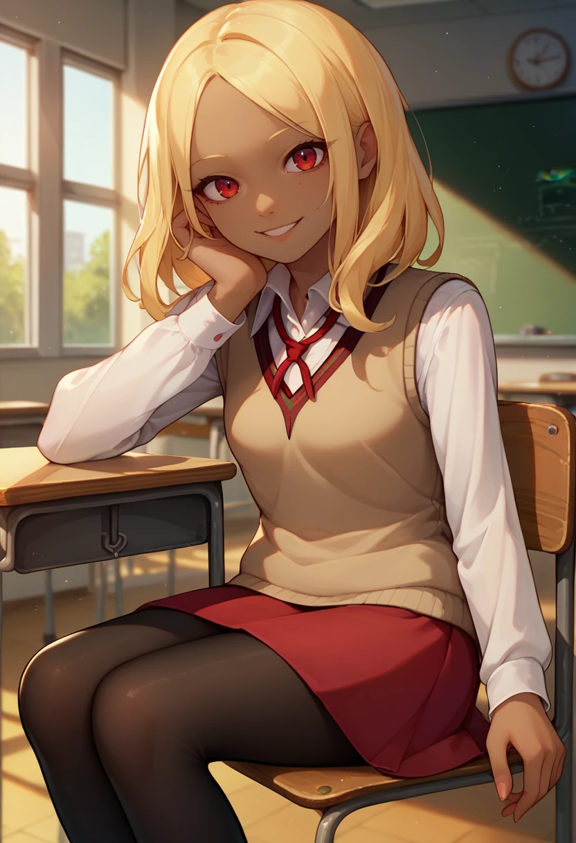 score_9, score_8_up, score_7_up, solo, 1girl, grkatschool, dark skin, smile, looking at viewer, sitting, chair, sweater vest, white shirt, collared shirt, long sleeves, red skirt, black pantyhose, indoors, classroom <lora:gravityrush_kat_ponyXL-000004:0.85>