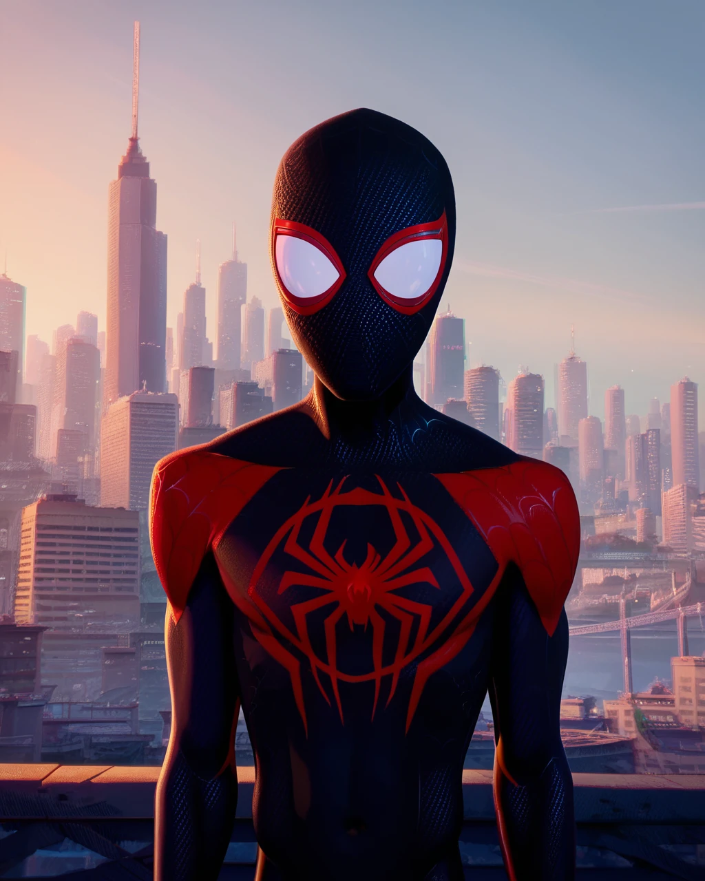 score_9, score_8_up, score_7_up, zPDXL, svstyle, Spider-Man_Miles Morales, circled spidersymbol, two-tone bodysuit, black bodysuit, red bodysuit, cityscape background, chromatic Aberration,  <lora:Spider-Verse_Style:0.95>