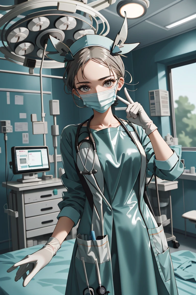 (RAW photo, best quality), operating room, overhead surgical light,blurred background, focused, dithering,backlighting,
 <lora:rubber_surgeon_hand_V1.0-000006:0.85>  rubber_surgeon_hand, 1girl, solo, looking at viewer, reaching towards viewer, stethoscope, doctor, surgical mask, indoors,headwear, latex, surgical gloves, outstretched arm,
 <lora:JasmineLora:0.6> jasmine (pokemon), 1girl, solo