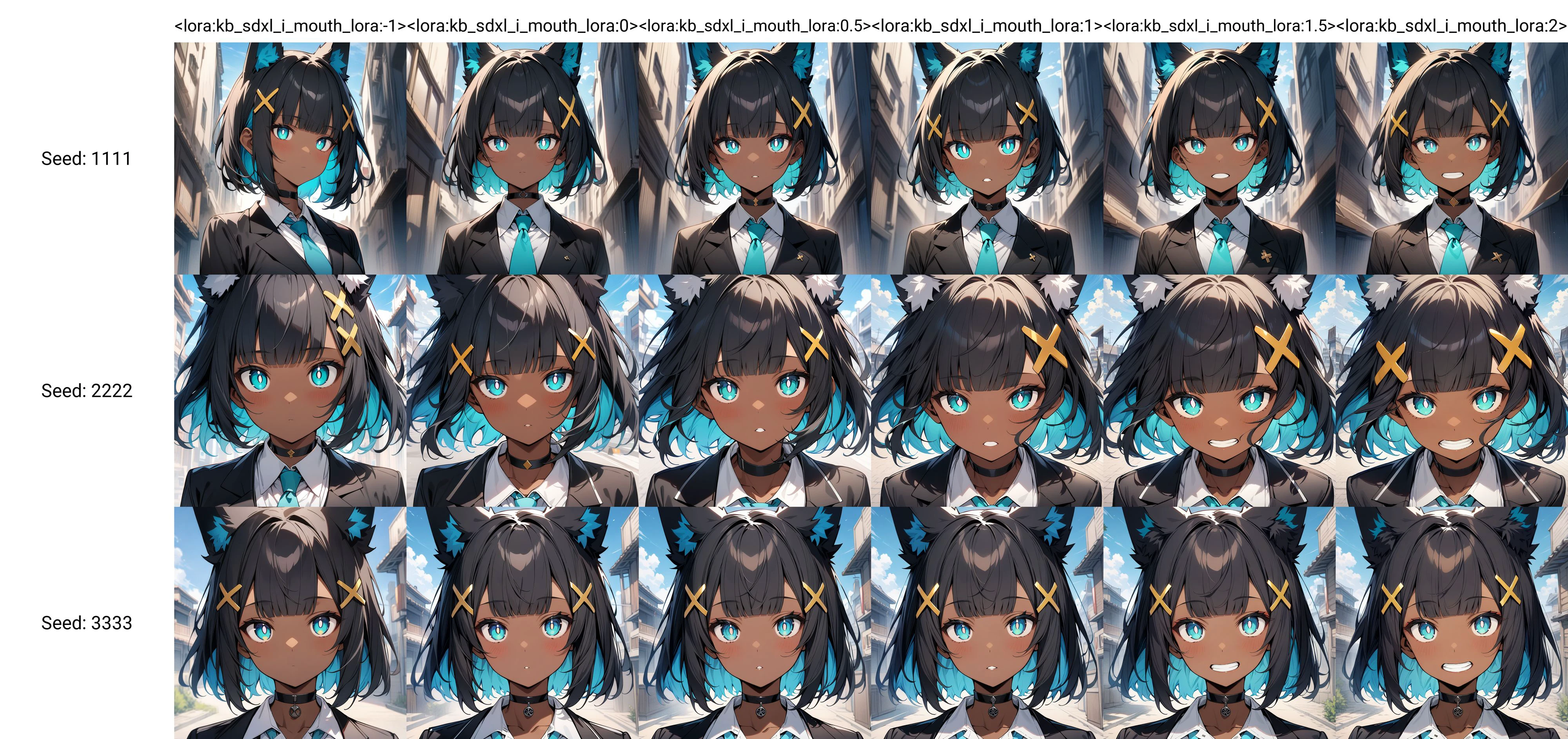 masterpiece,best quality,1girl,dark skin,dark-skinned female,black hair,bangs,blunt bangs,blue inner hair,short hair,yellow x hair ornament,fox ears,white pompom in ears,aqua eyes,white pupils,bright pupils,black choker,(black blazer:1.1),white shirt,aqua tie,sky,detailed background,face focus,<lora:kb_sdxl_i_mouth_lora:-1>,