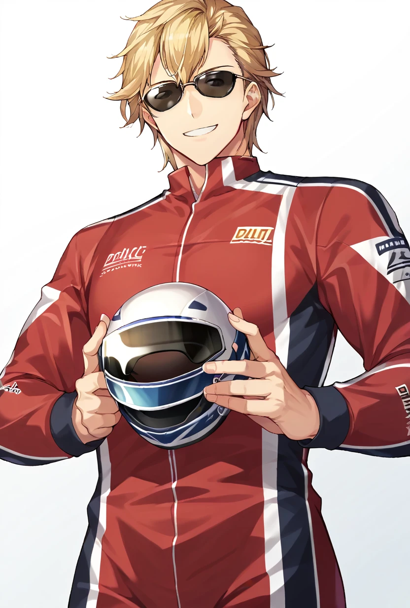 score_9, score_8_up, source_anime BREAK
maxim rogen, 1boy, solo, blonde hair, sunglasses, racing suit, red bodysuit BREAK
standing, holding helmet, flashing smile, looking at viewer, white background, from below