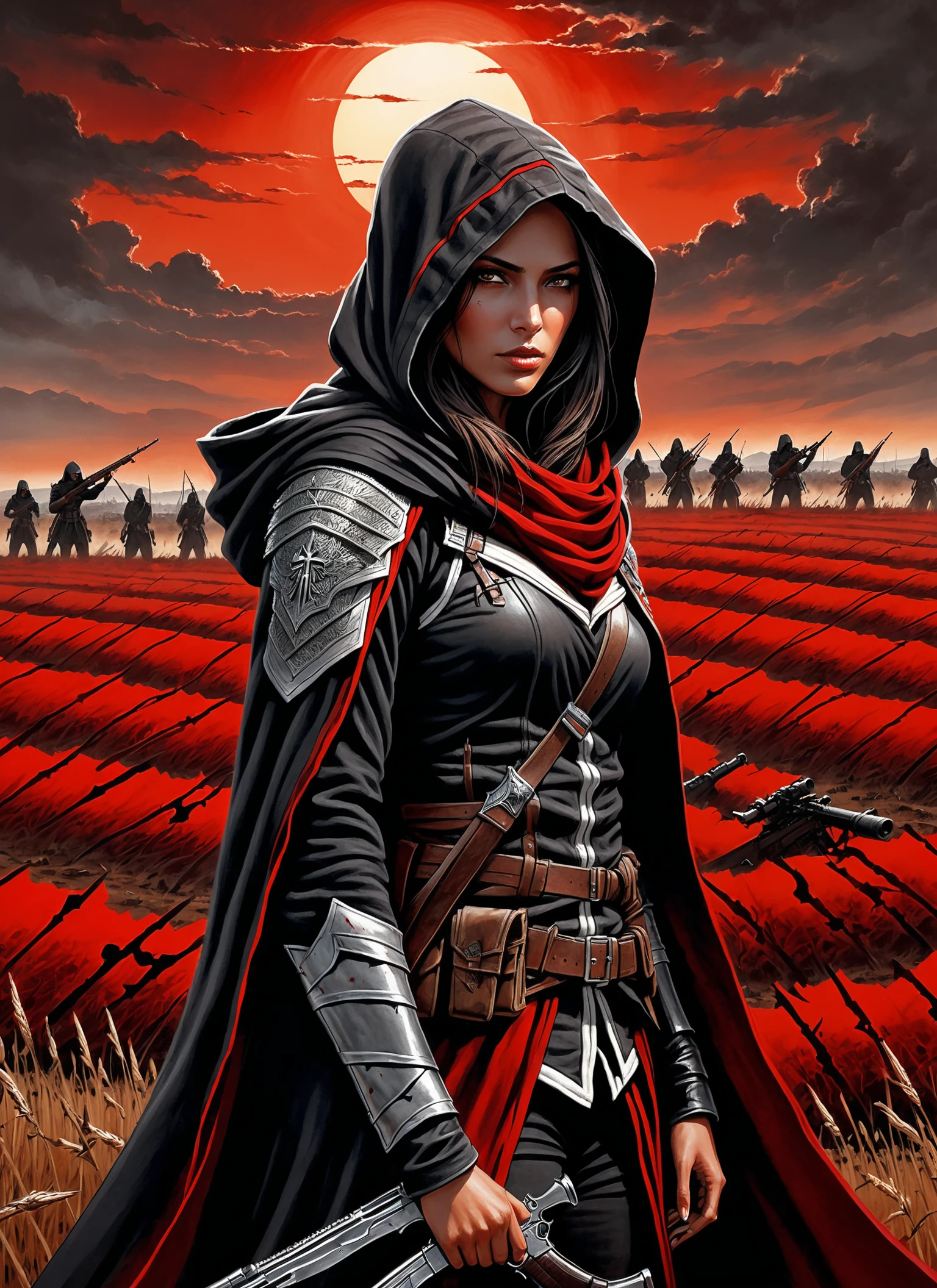 texture photorealistic Medium view acrylic painting, (Assassin woman overlooking war-torn field:1.2), Setting sun casts red hues, Countless fallen soldiers, (Eerie battlefield:1.3), Hooded figure, Tense stance, Vengeance in her eyes. <lora:Image Enhancer XL Soft v1:1> . highly detailed, lifelike, precise, accurate top down close-up