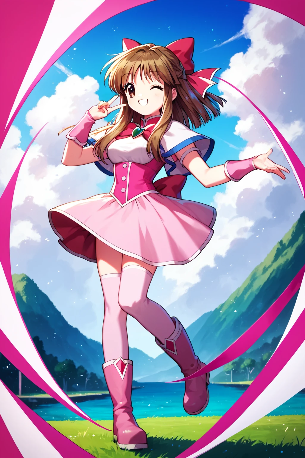score_9, score_8_up, score_7_up, score_6_up, rating_safe, source_anime, best quality, masterpiece, detailed background, detailed eyes, outdoors, <lora:kurata-sayuri-xl-02:1.2>, kurata sayuri, pink magical girl outfit, pink skirt, pink leotard, pink stockings, pink boots, medium breasts, smile, wink, brown hair, brown eyes,