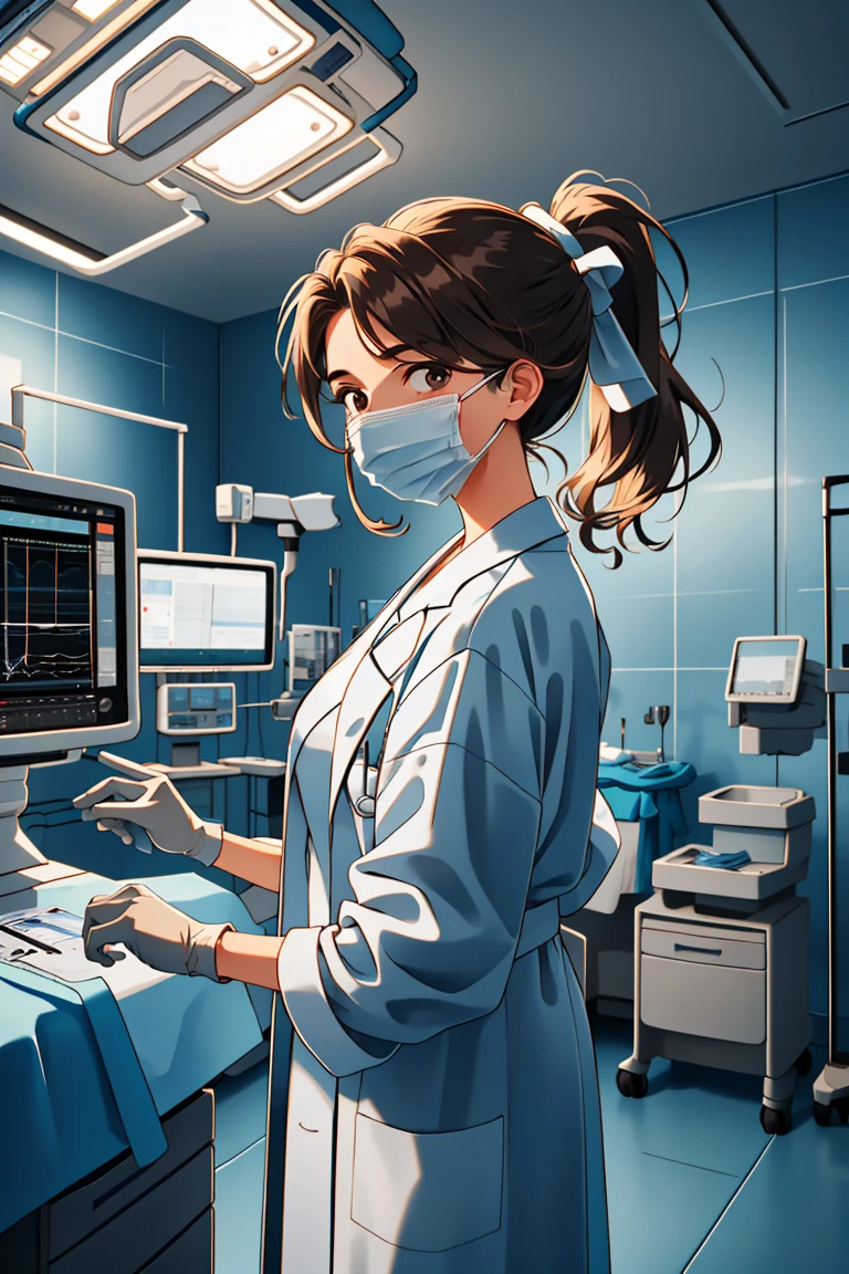 (RAW photo, best quality), operating room, overhead surgical light,blurred background, focused, dithering,backlighting,
 <lora:doctor_surgery_V1.0-000005:0.9> doctor_in_surgery, surgical mask, 1girl, indoors, labcoat, gloves, looking at viewer, doctor,
 <lora:Klaviana_V1.0:0.58> (klaviana,brown hair, brown eyes,folded ponytail, 1990s (style)),