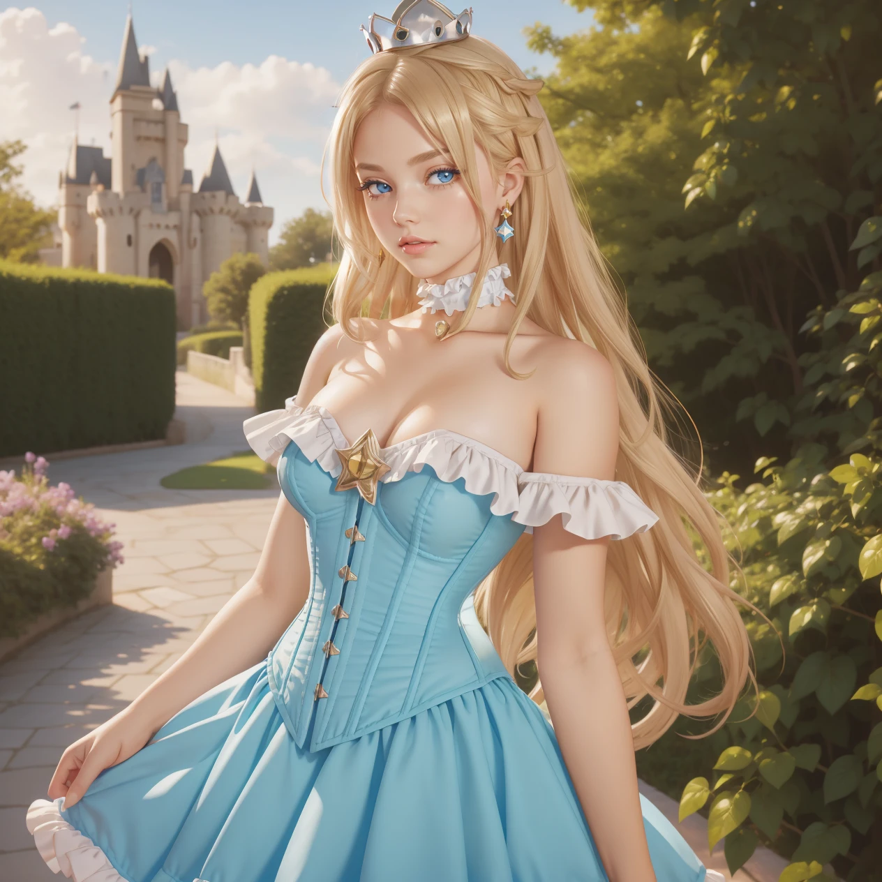 1girl, long blonde hair, hair over one eye, upper body, hud_crst_prncss_drss, bare shoulders, blue corset, off shoulder, blue dress, short dress, frills, crown, choker, lipstick, high heels, <lora:corset_princess_sd15:0.7>, castle, garden