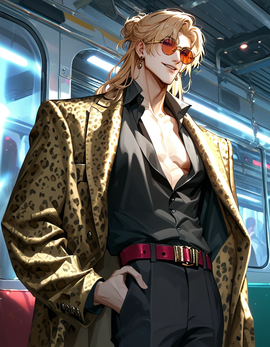 score_9, score_8_up, score_7_up, BREAK 1boy, solo, BREAK male focus, purple eyes, (long hair, blonde hair, bangs),  leopard print coat over shoulders, pectorals, navel, muscular, open black shirt, jewelry, earrings, (round eyewear,  red sunglasses), black pants, red belt, shoes, smile, parted lips, BREAK train station, night, city,  cowboy shot, hand on own neck, standing, looking at viewer,  <lora:ikemenboys:1>, 