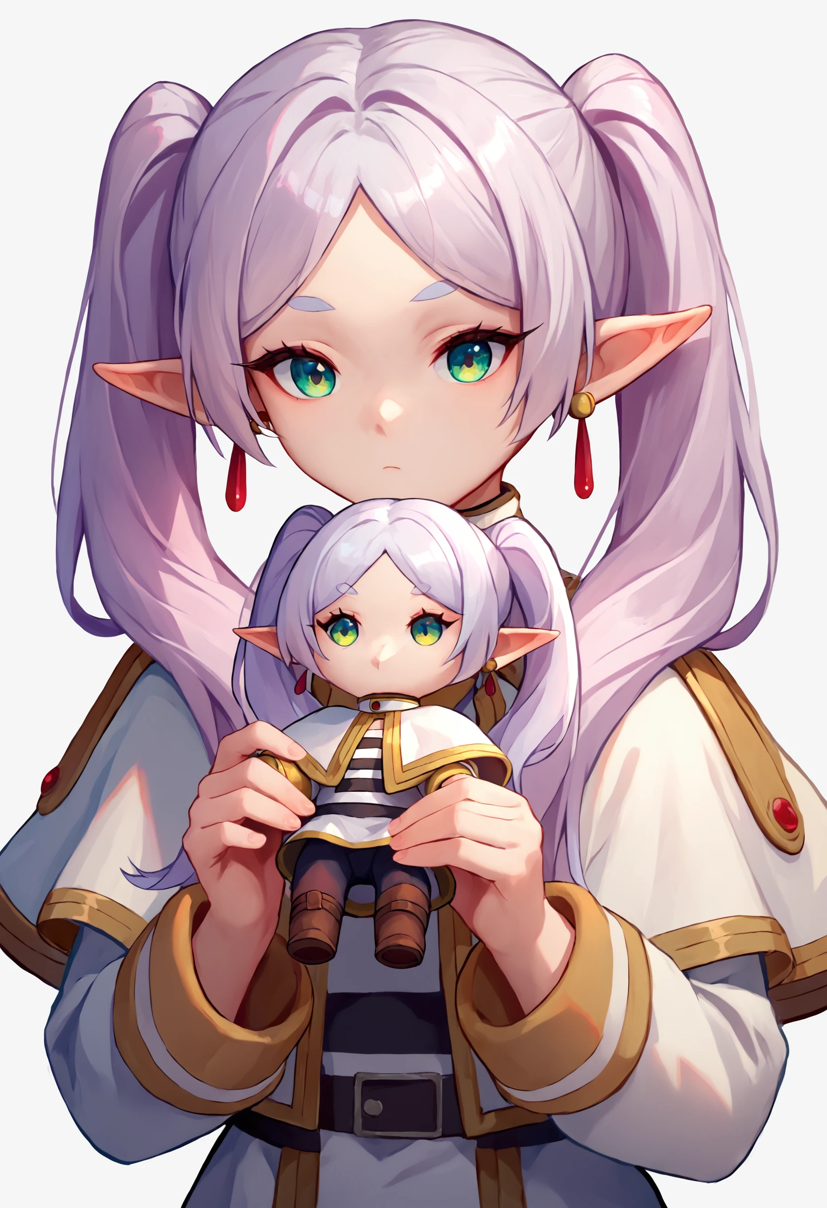 score_9_up score_8_up score_7_up, 1girl, holding character doll
<lora:holding_fufu_pony_d16:1>
BREAK
nereirfpnxl, frieren, pointy ears, twintails, earrings, elf, parted bangs, white hair, white capelet, capelet, long sleeves
<lora:others_frieren_nereirfpnxl_pony_v2:1>