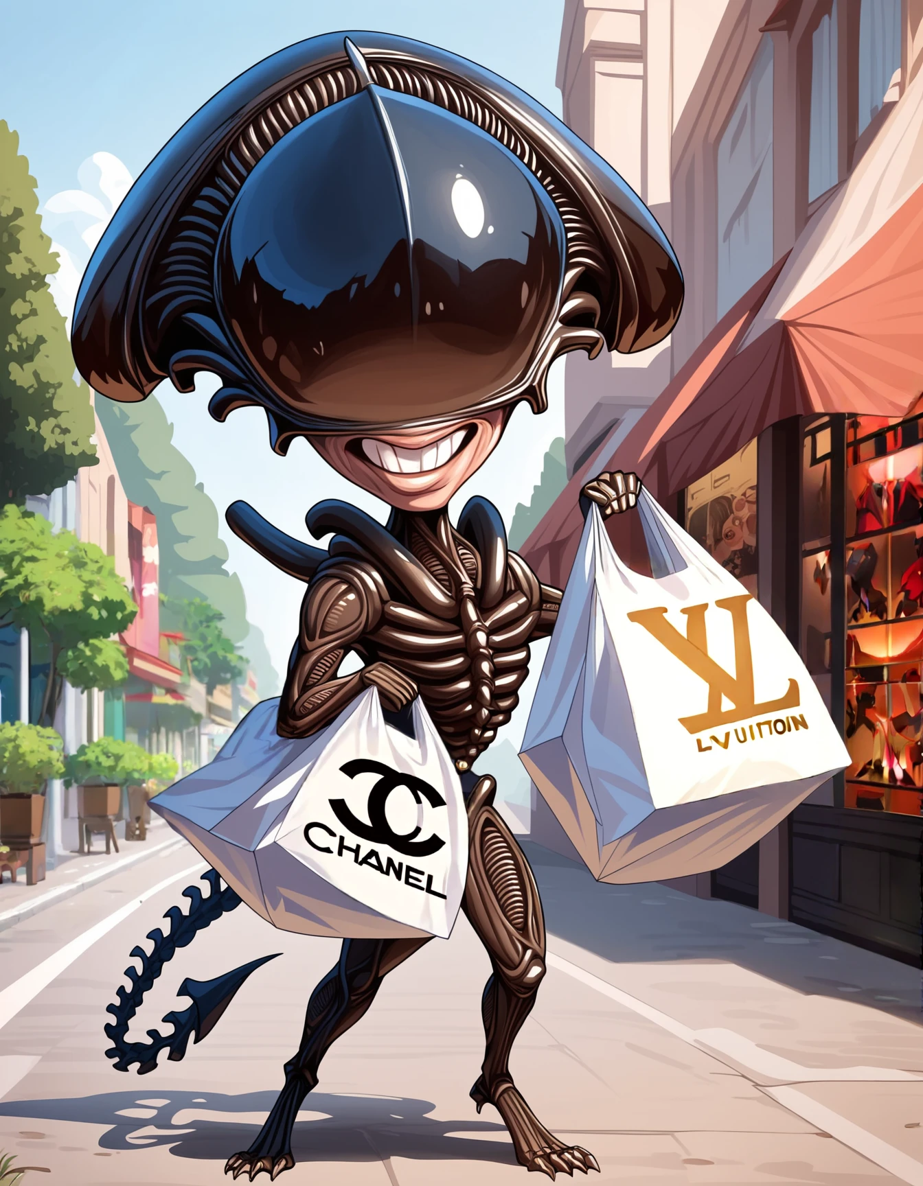 score_9, score_8_up, score_7_up, score_6_up, score_5_up, score_4_up,  
(caricature:1.2),(huge head:1.25),(Xenomorph:1.15) from (Alien:1.05) shopping in luxury boutique, shopping bag,(solo,:1.15) full body,outside,dynamic pose,