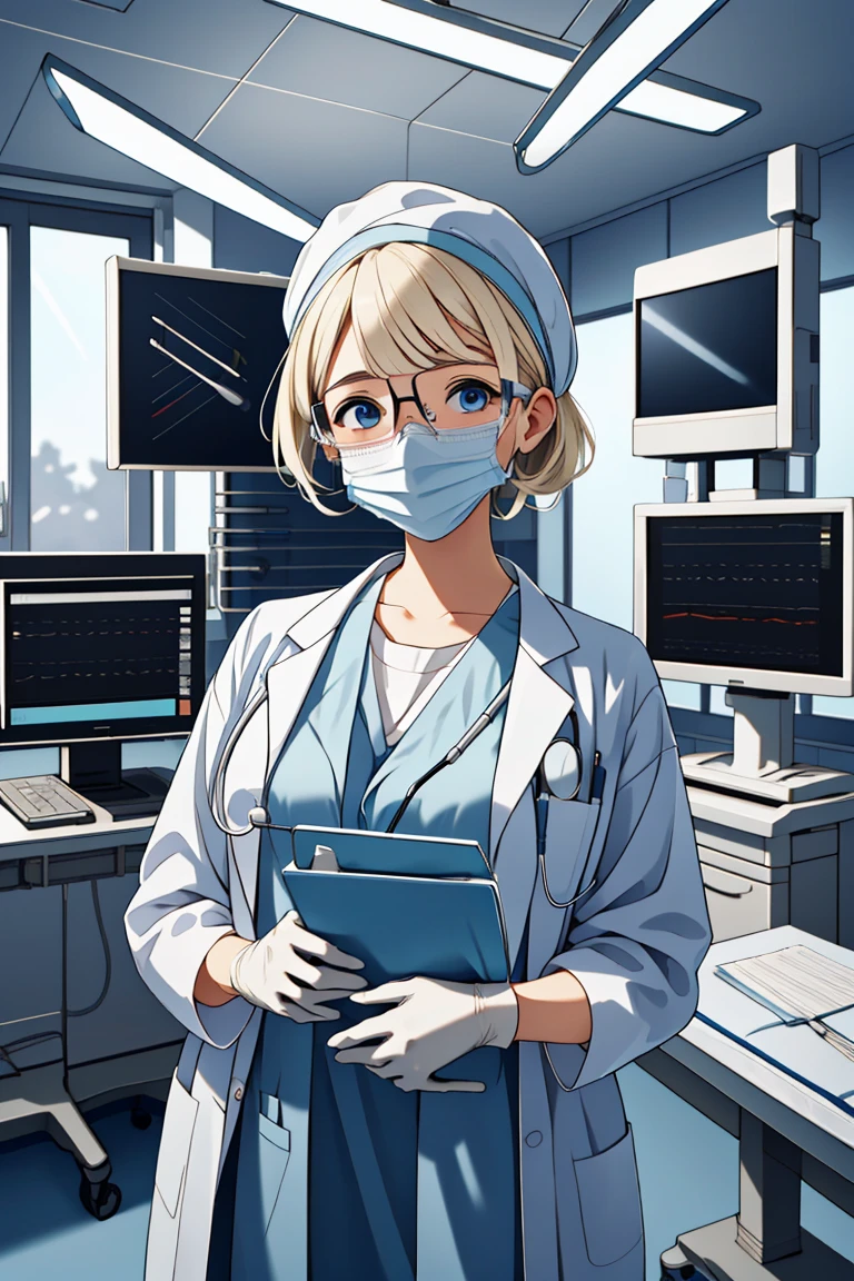 (RAW photo, best quality), operating room, overhead surgical light,blurred background, focused, dithering,backlighting,
 <lora:doctor_surgery_capped_V1.0-000005:0.8> doctor_in_surgery_cap, solo, surgical mask, labcoat, doctor, gloves, stethoscope,headwear,
 <lora:Irene Bradford_3dCG_V3.0:0.8> rene bradford, 3dcg05, 1girl, solo,,blonde hair, blue eyes,glasses,