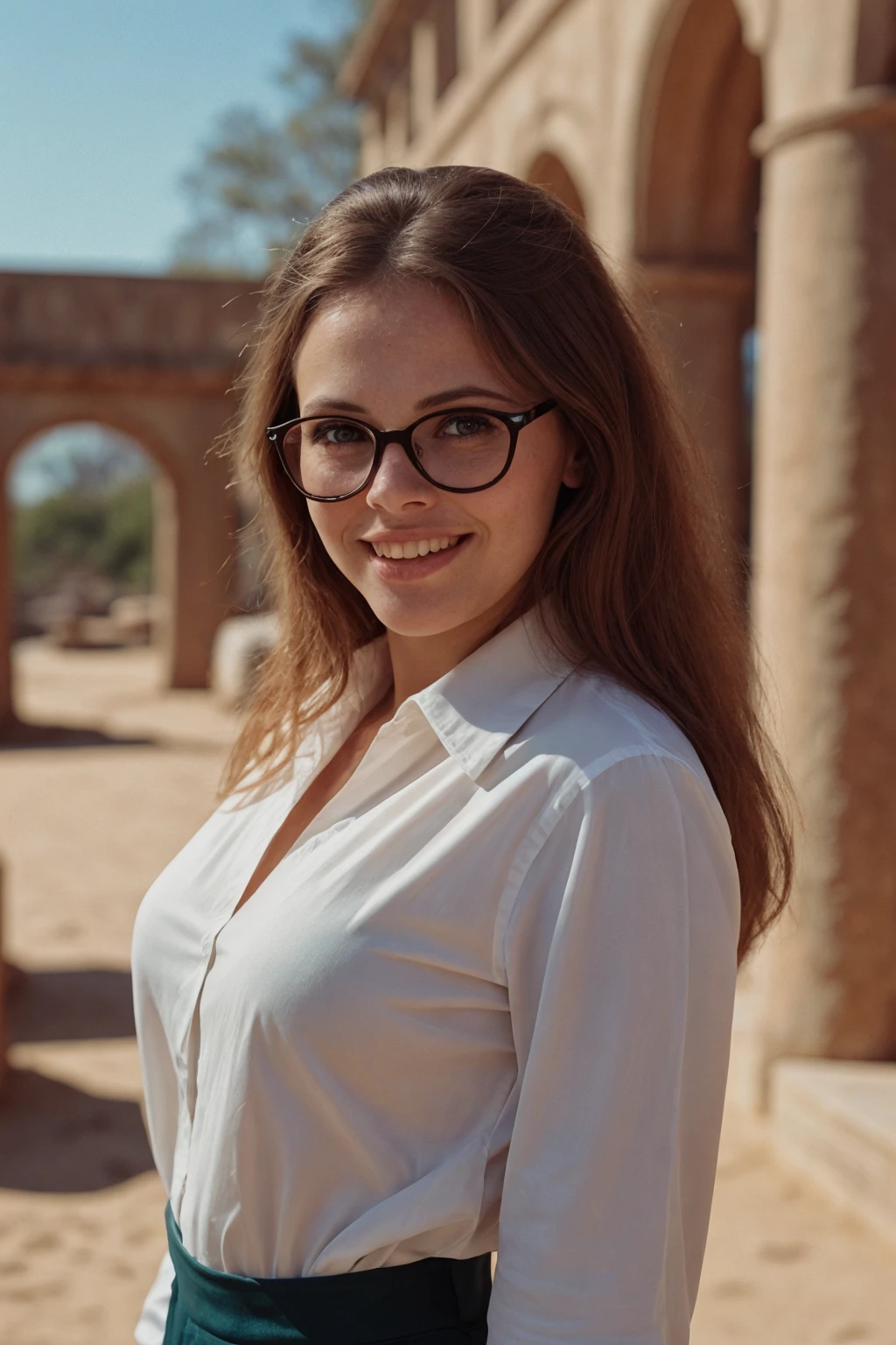 film photography, beautiful girl with black rim glasses, teal button shirt, leather pants outdoors desert ruins, broken columns and arches, smiling, fashion photo., realistic skin, professional photographer, depth of field, bokeh, shot on D3100, shot on EOS R, EF 85 mm f/1,4 L IS US <lora:epiCRealismHelper:.8>, <lora:[SE]_-_Britt_Ekland:1> mt-brittekland