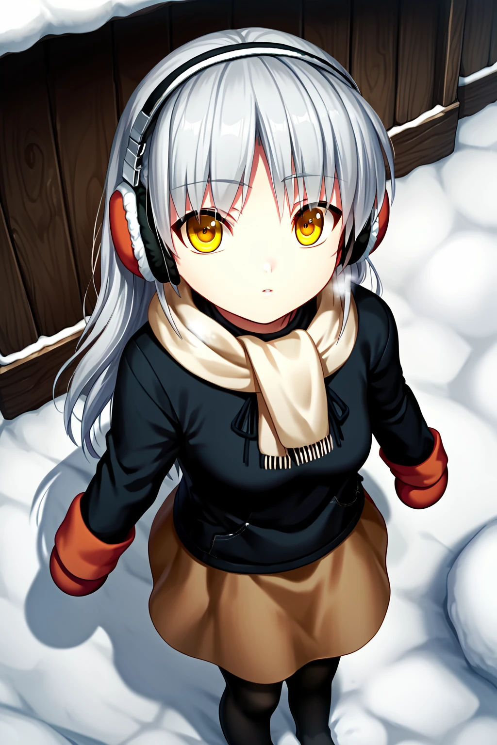 score_9, score_8_up, score_7_up, score_6_up, rating_safe, source_anime, best quality, masterpiece, detailed background, detailed eyes, outdoors, snow, black sweater, brown skirt, black tights, ear muffs, scarf, (from above view), <lora:tachibana-kanade-xl-05:1.2>, tachibana kanade, parted hair, curtained hair, silver hair, yellow eyes, small breasts, cold breath, mittens, (looking up), parted lips, round mouth, cowboy shot,