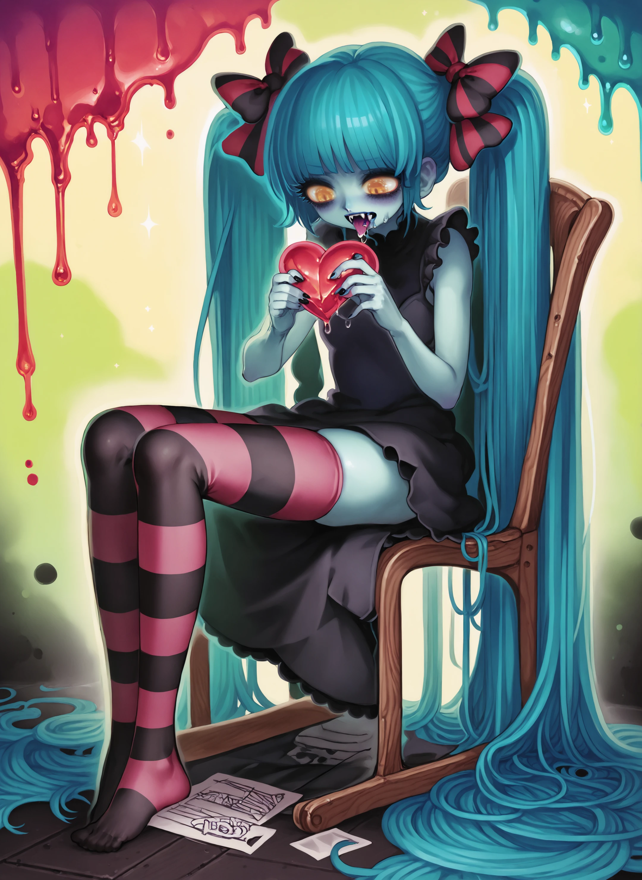 score_9, score_8_up, score_7_up, yukaman_style,
1girl, solo, long hair, open mouth, gothic dress, striped pink thighhighs, very long hair, sitting, full body, yellow eyes, hair bow, aqua hair, colored skin, abstract, holding heart, tongue out, on chair, saliva trail, looking down, thighs, fangs,
<lora:yukaman_pdxl2:1>