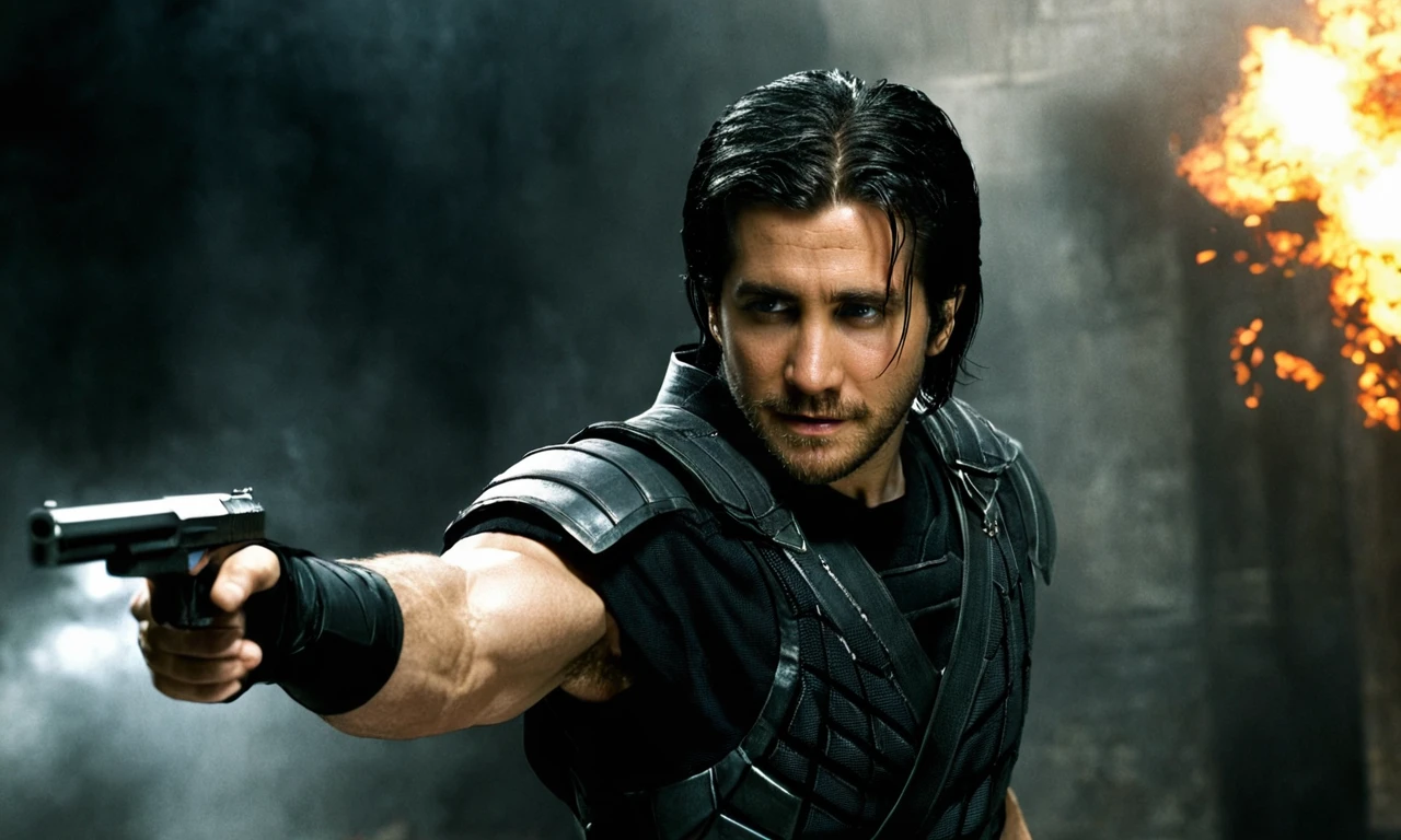 Gyllenhaal, <lora:gyllenhaal-128:0.9>, black hair, mortal combat, medium full shot