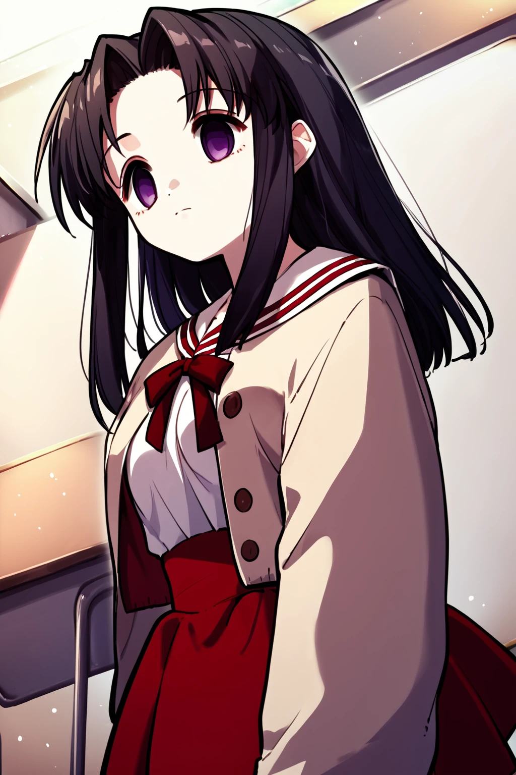 score_9, score_8_up, score_7_up, score_6_up, rating_safe, source_anime, best quality, masterpiece, detailed background, classroom, from below view, standing, looking up, cowboy shot, <lora:kawana-misaki-xl-04:1.2>, kawana misaki, black hair, purple eyes, empty eyes, school uniform, red skirt, white kneehighs, medium breasts,