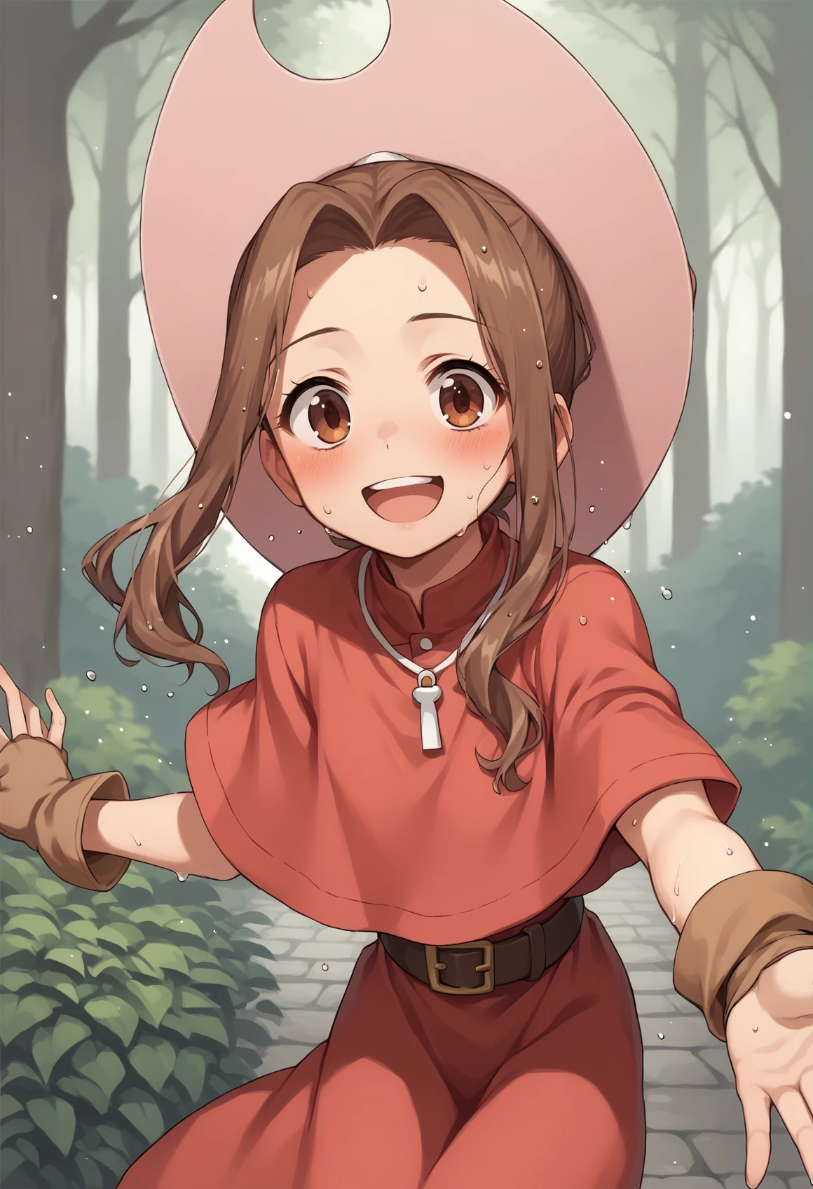 1girl, mimi, long hair, sidelocks, ponytail, brown eyes, red dress, capelet, brown gloves, belt, skirt, cowboy hat, reaching towards viewer, smile, open mouth, blushing, outdoors, forest, wet hair, sweat <lora:MimiSora:1>, score_9, score_8_up, score_7_up, score_6_up, score_5_up, score_4_up, BREAK source_anime, masterpiece