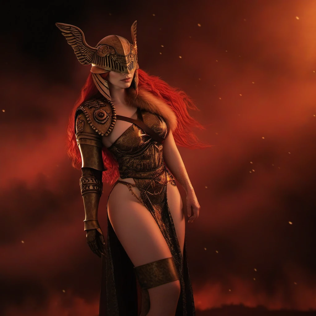 cinematic photo a woman with red hair, winged helmet, large breast <lora:Malenia1024:0.8> . 35mm photograph, film, bokeh, professional, 4k, highly detailed